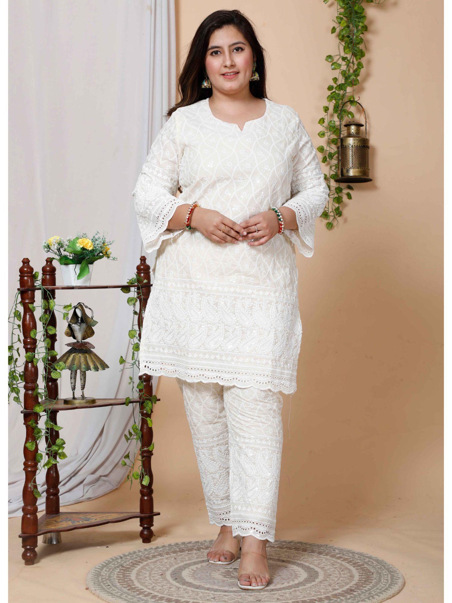 women plus size cream chikankari thread work kurta with pant (set of 2)