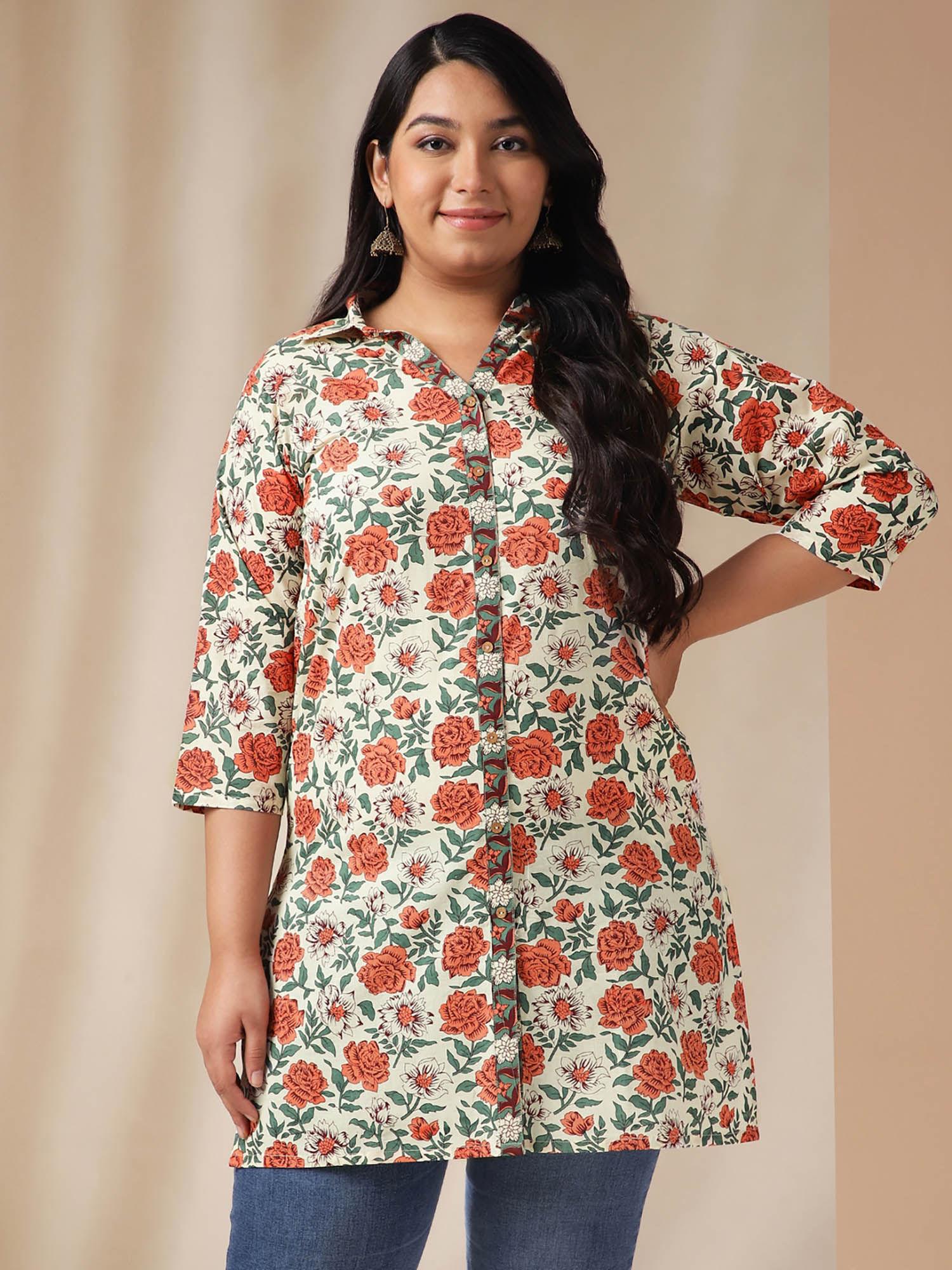 women plus size cream cotton floral regular tunic