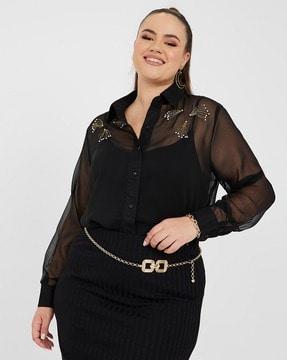 women plus size embellished chiffon sheer shirt
