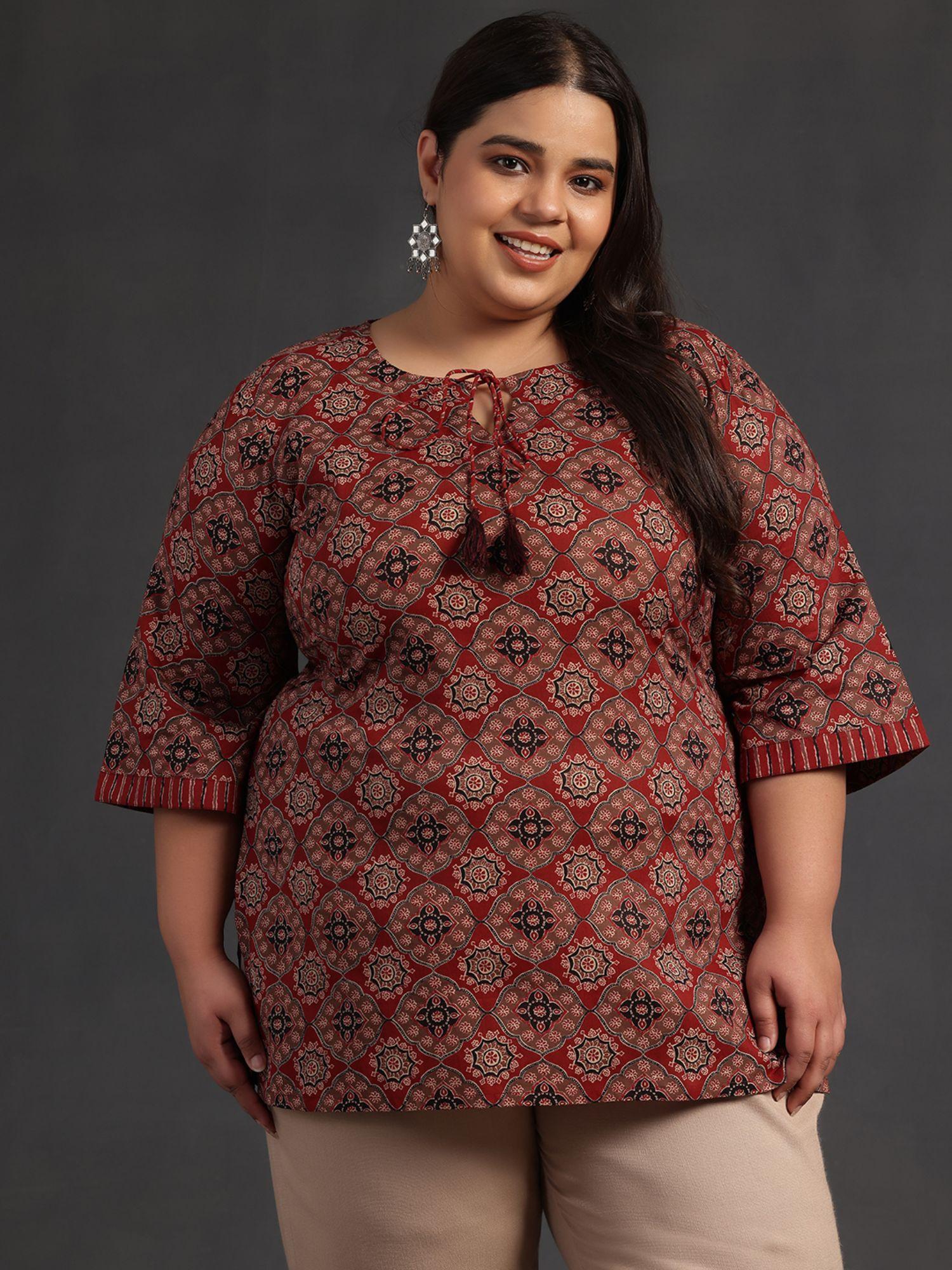 women plus size ethnic motif printed maroon kurti