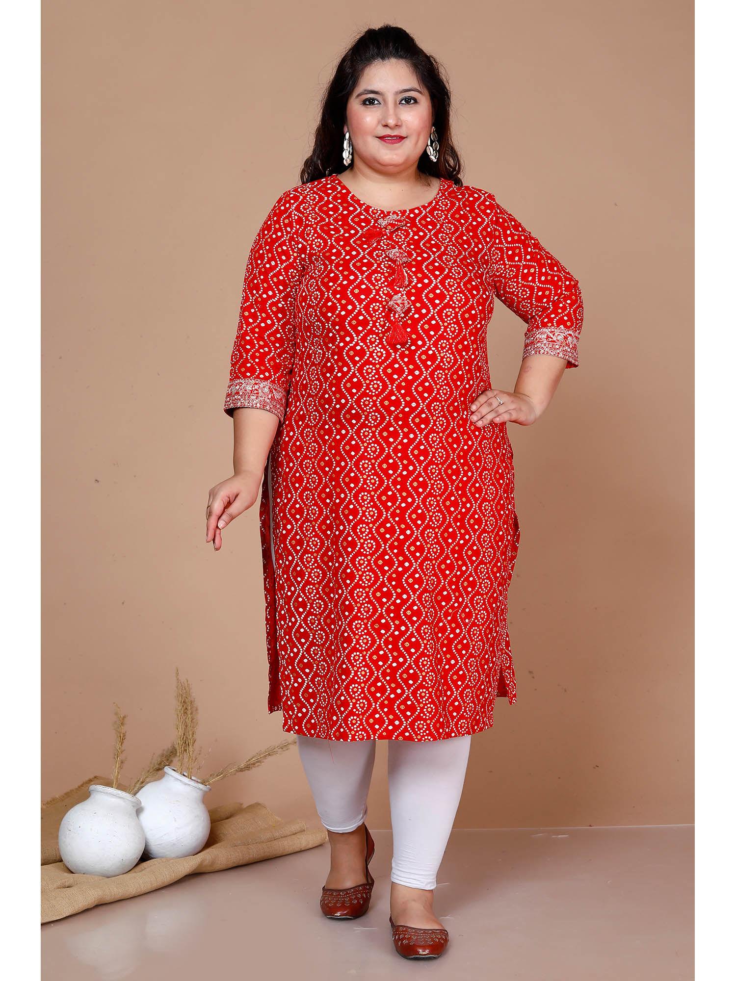 women plus size festive wear red bandhani printed straight kurta