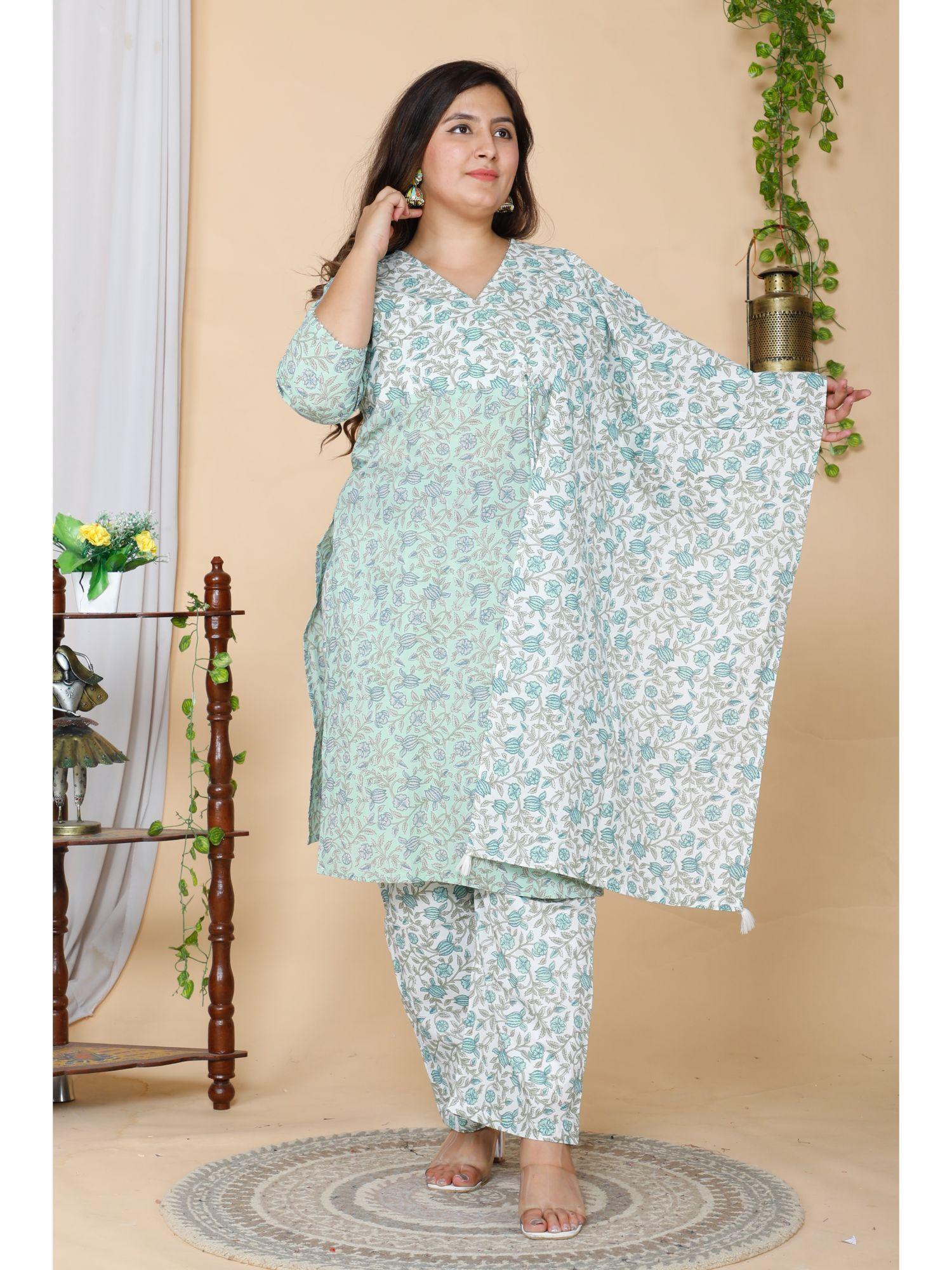 women plus size floral printed straight kurta and palazzo with dupatta (set of 3)