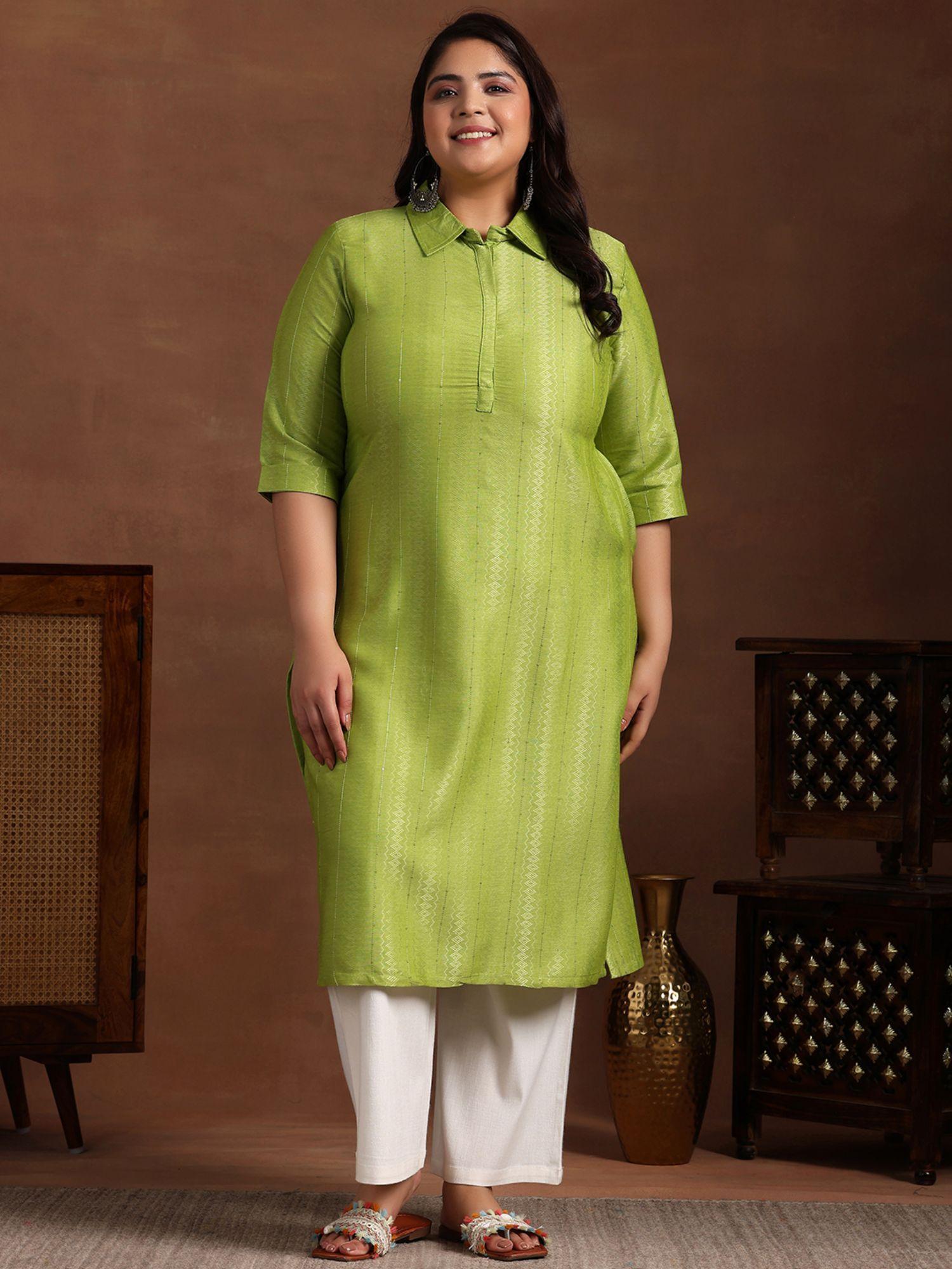 women plus size green cotton blend embellished woven detail kurta