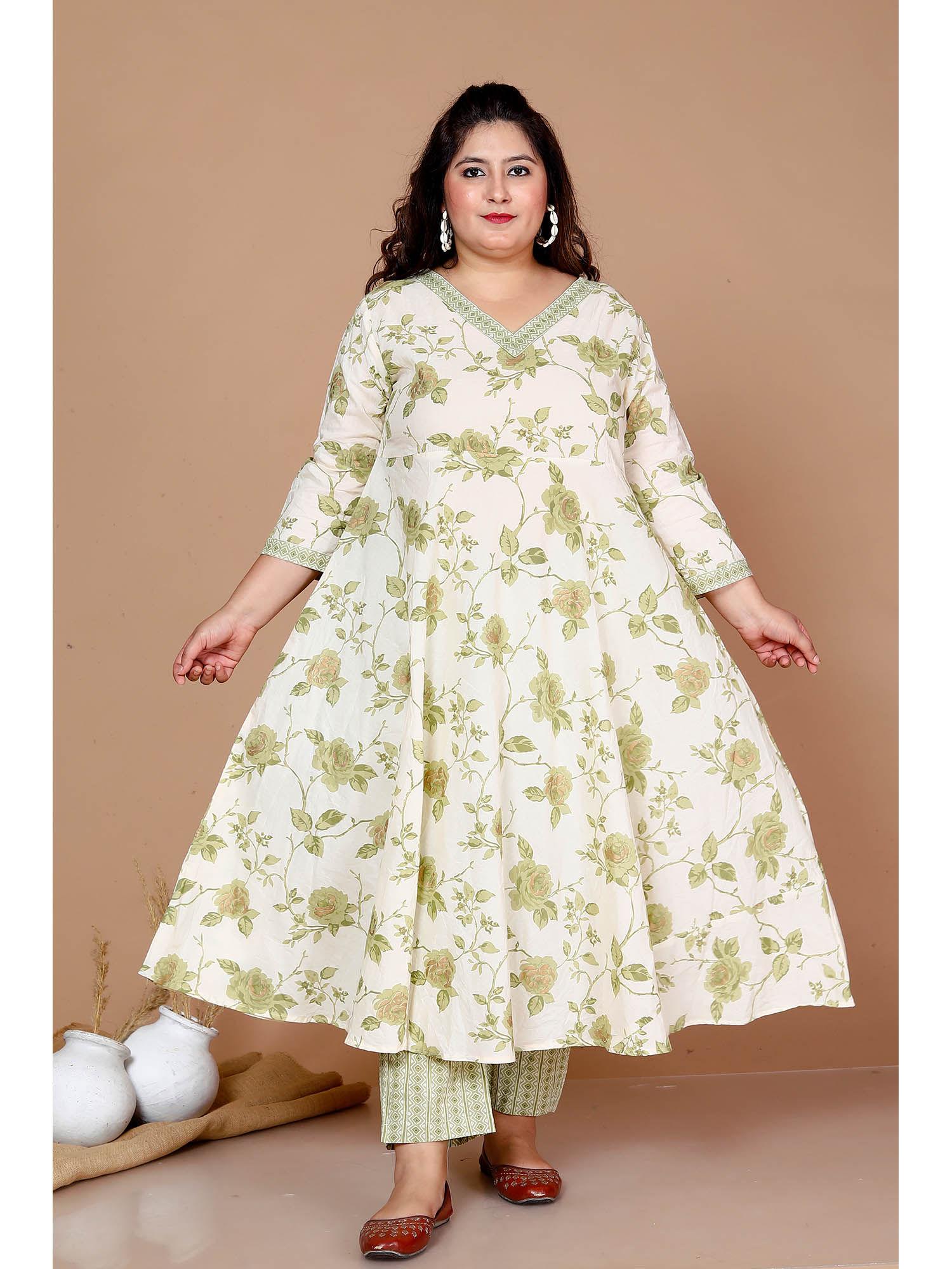 women plus size green printed pure cotton anarkali kurta with palazzo (set of 2)