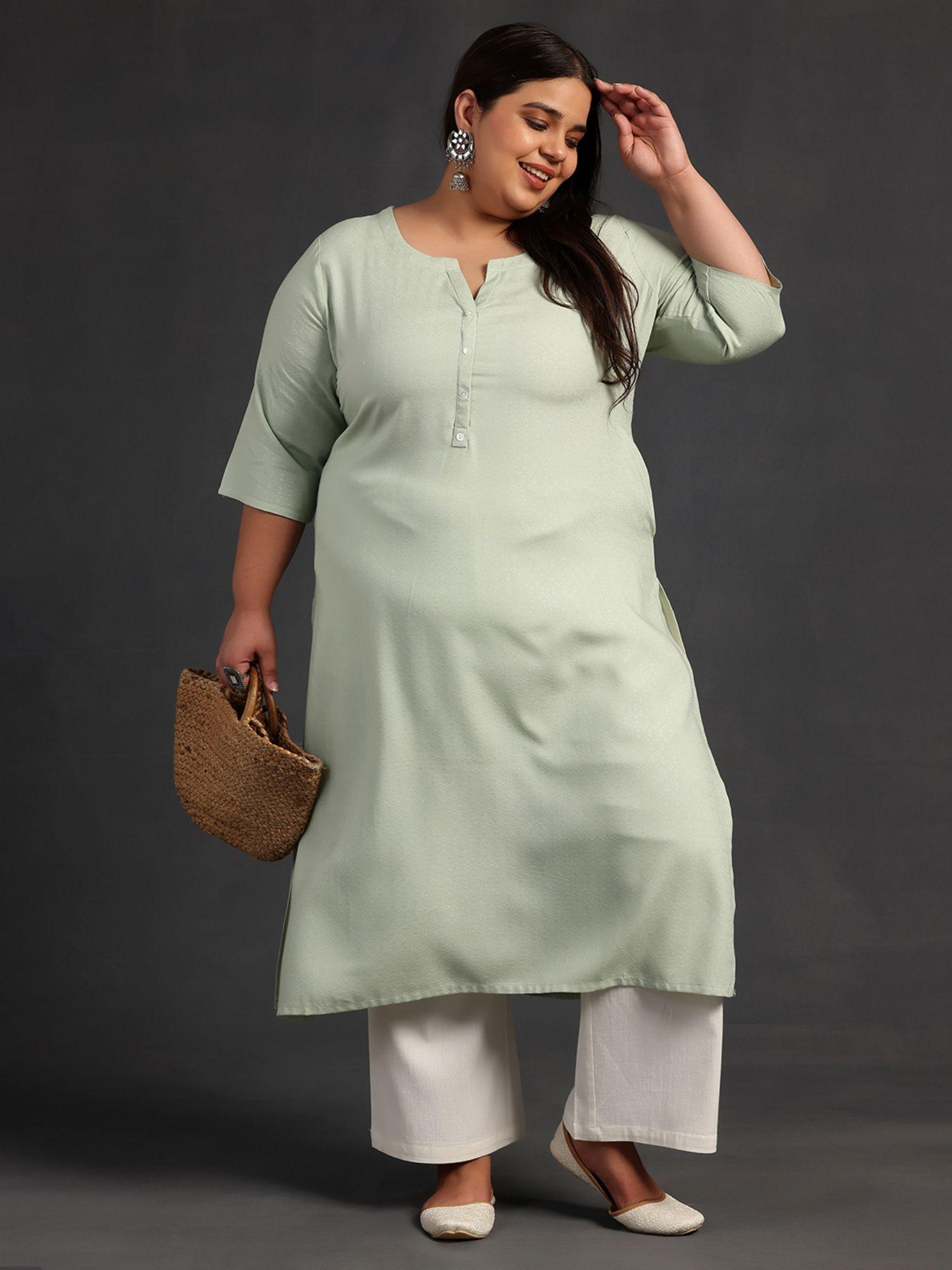 women plus size green self design kurta with pocket