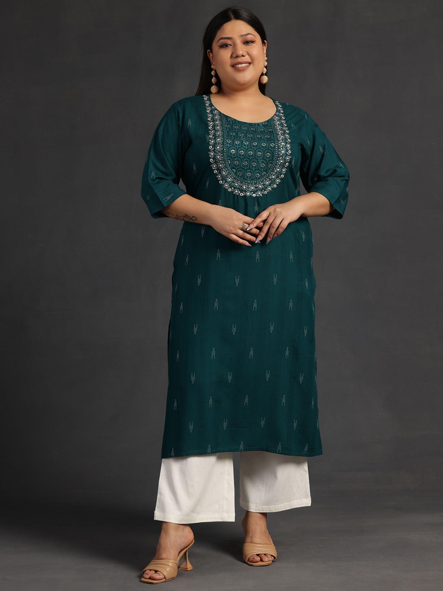 women plus size green self design kurta