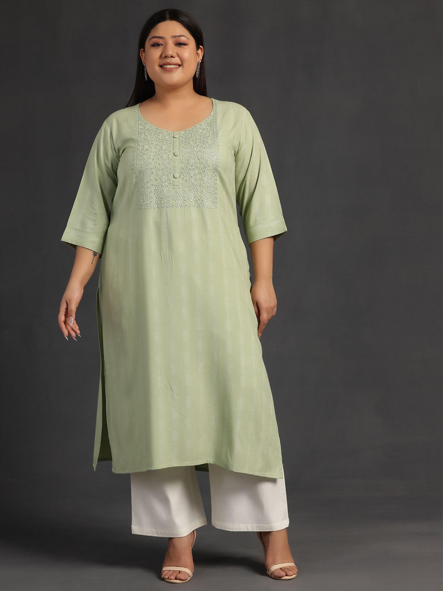 women plus size green self design silk blend kurta