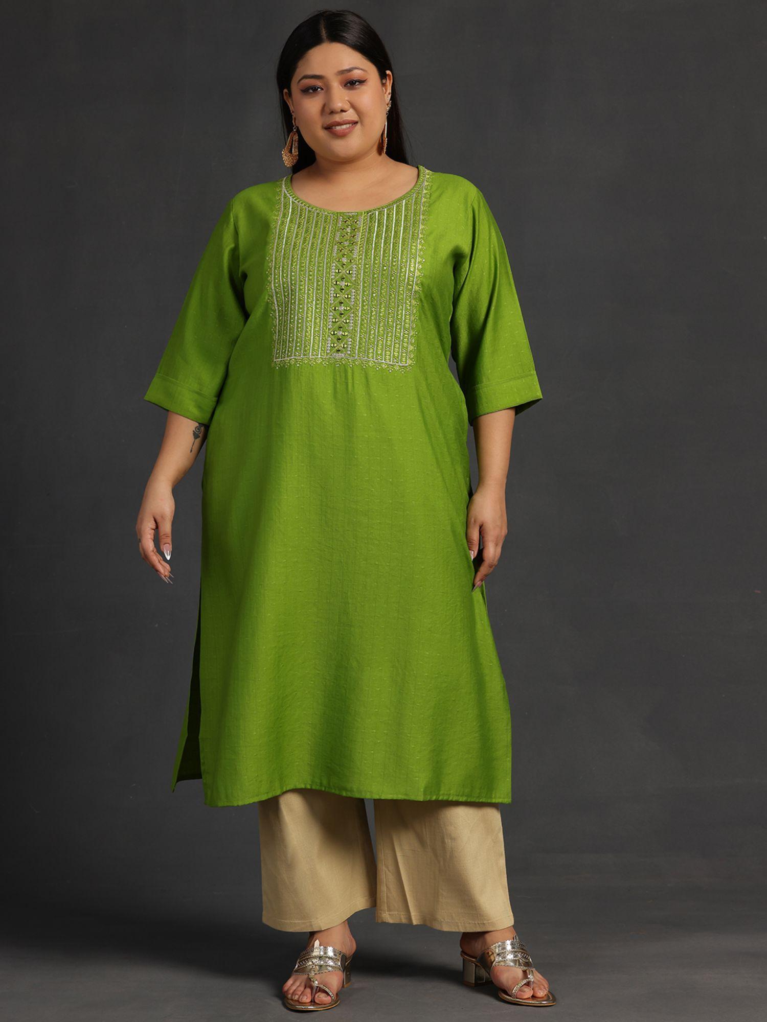 women plus size green self design silk blend kurta