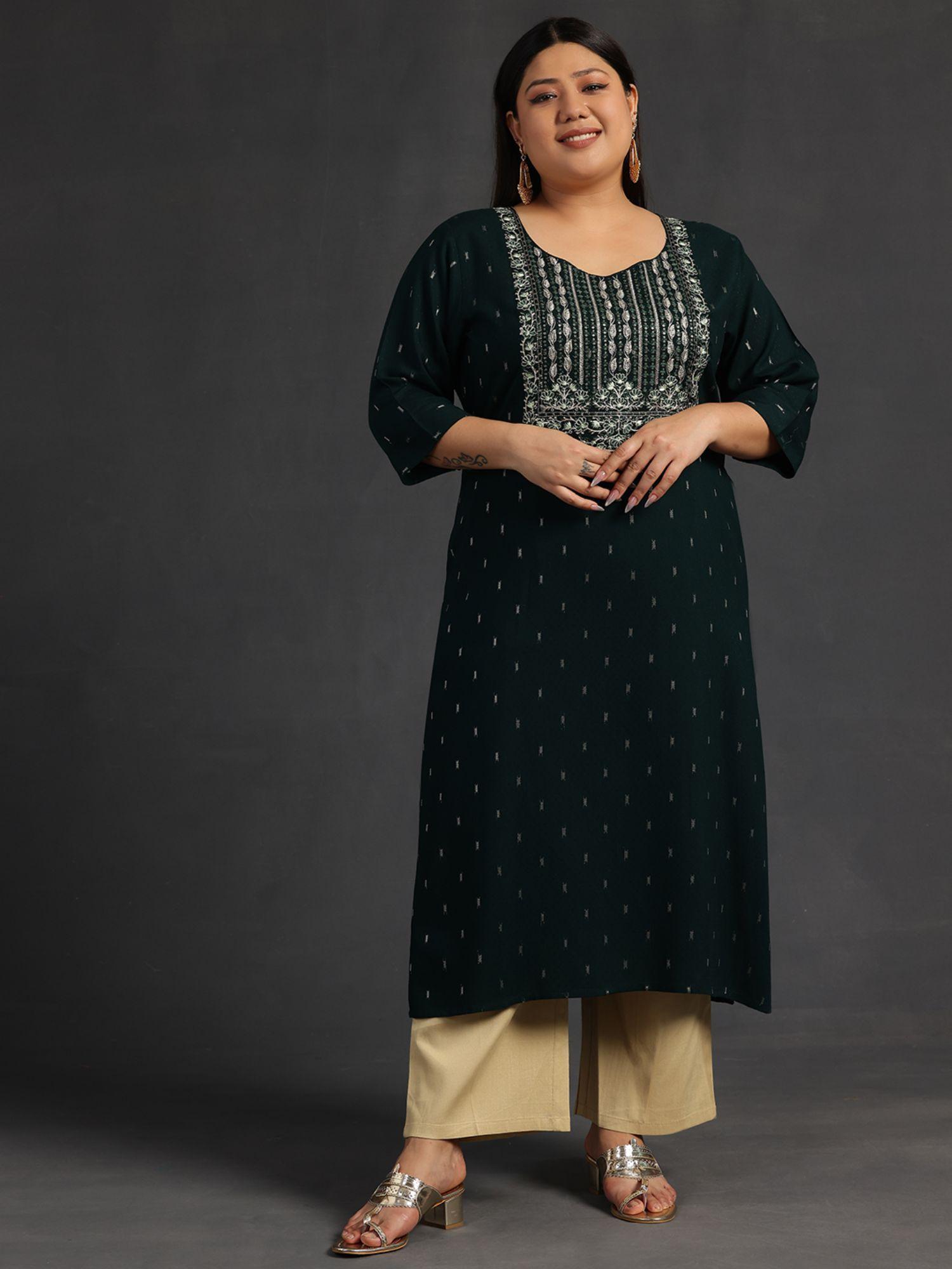 women plus size green straight kurta