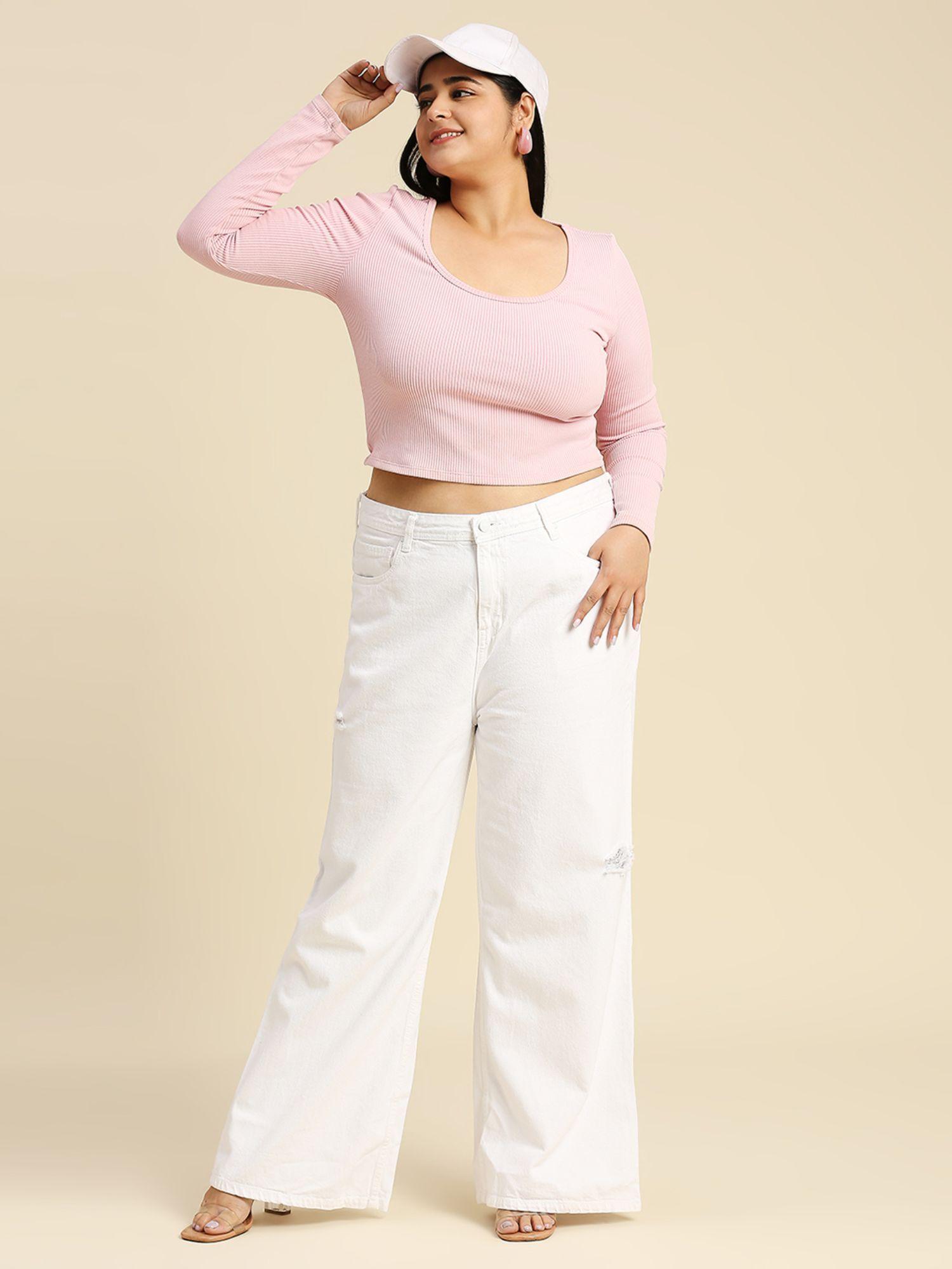 women plus size high-rise wide leg distressed jeans white