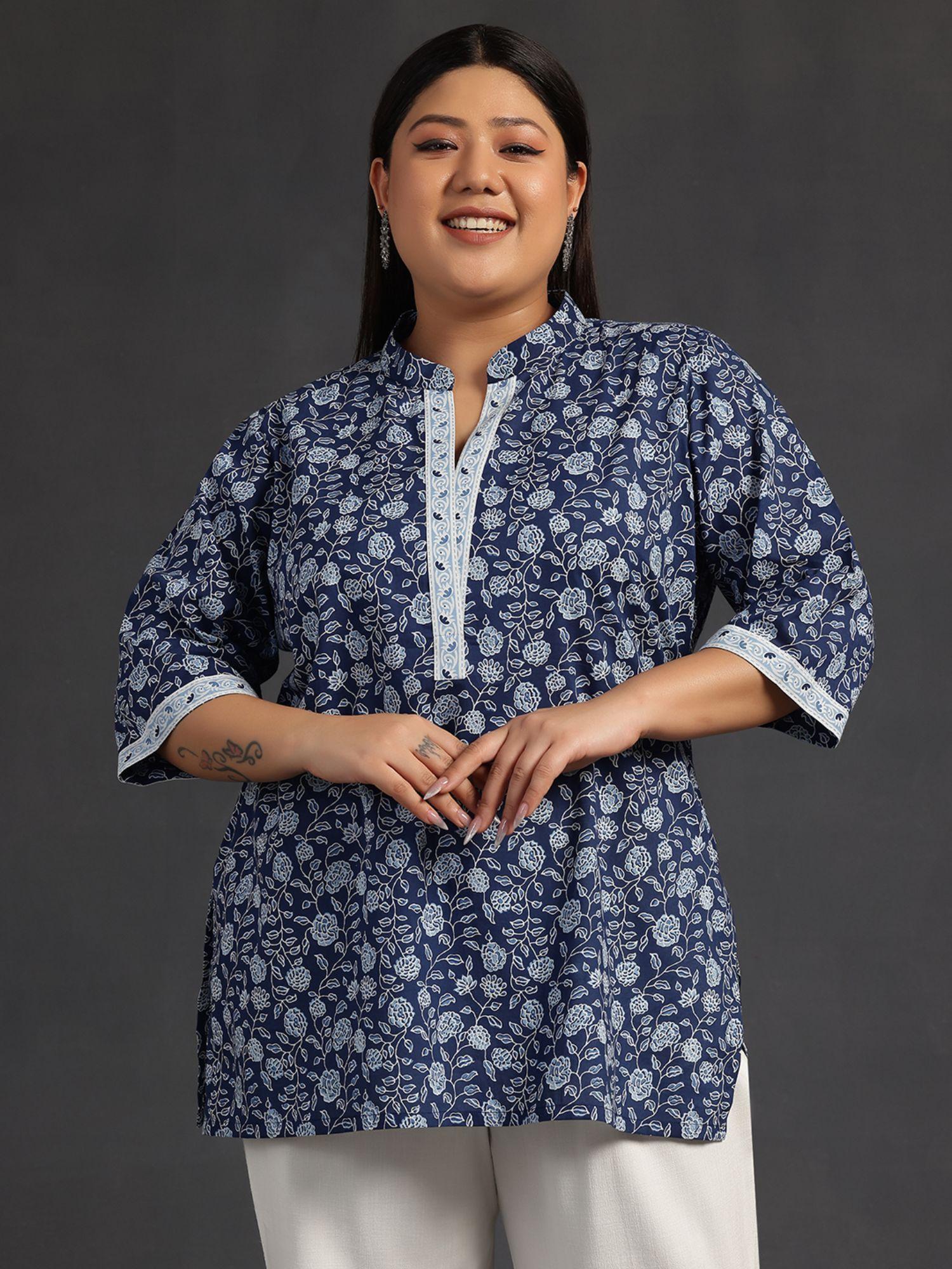 women plus size indigo cotton floral printed a-line kurti