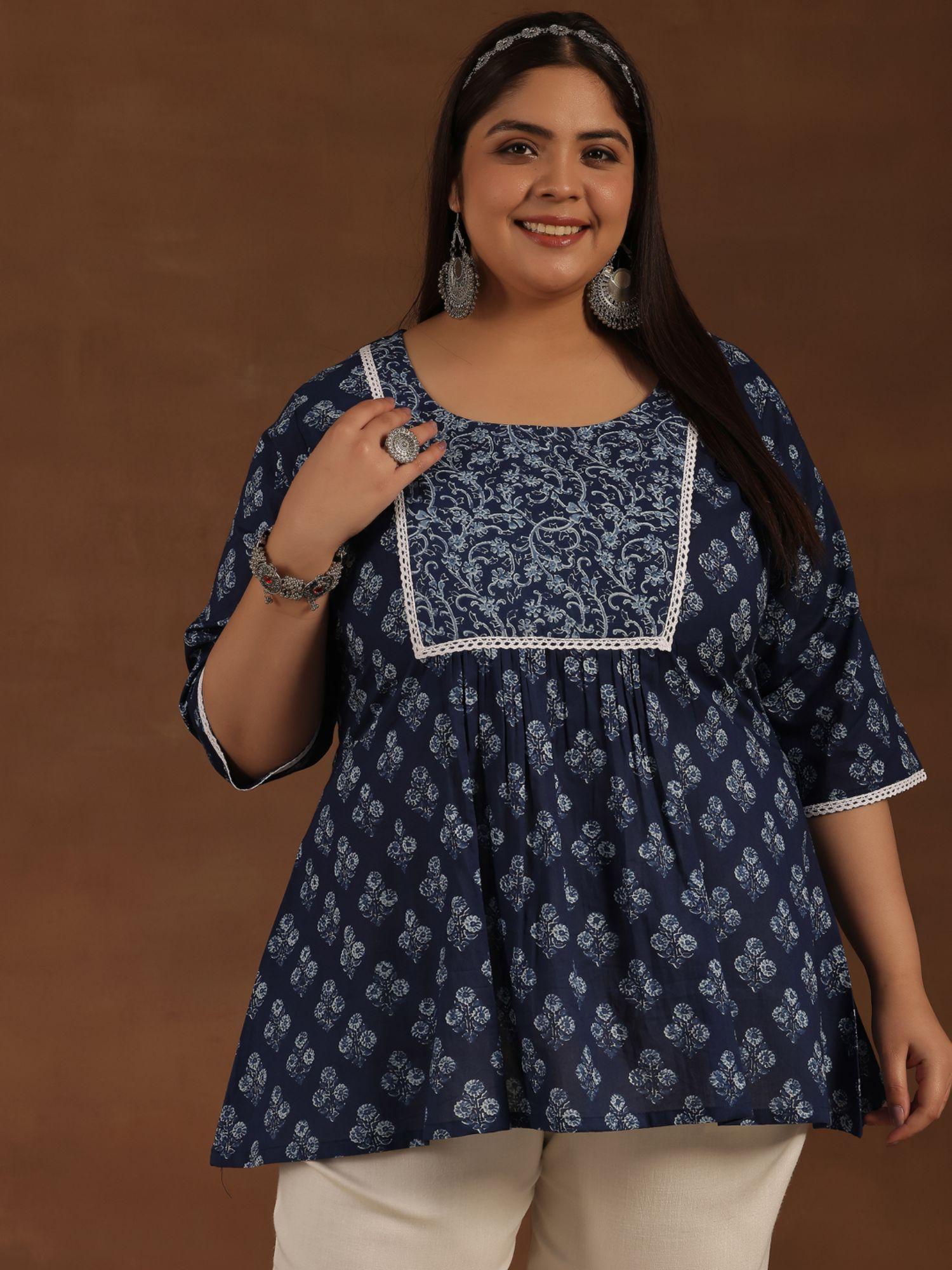 women plus size indigo cotton floral printed yoke design a-line kurti