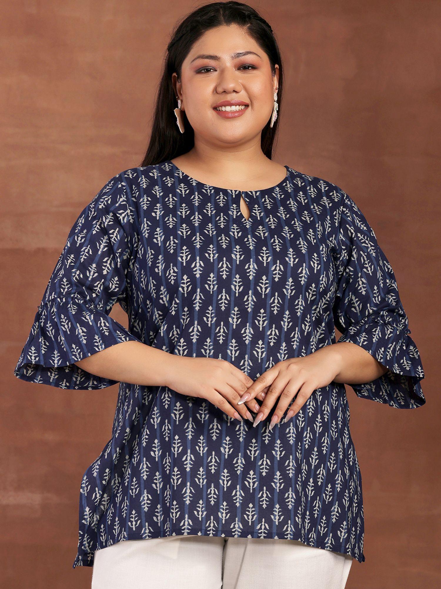 women plus size indigo cotton printed a-line kurti