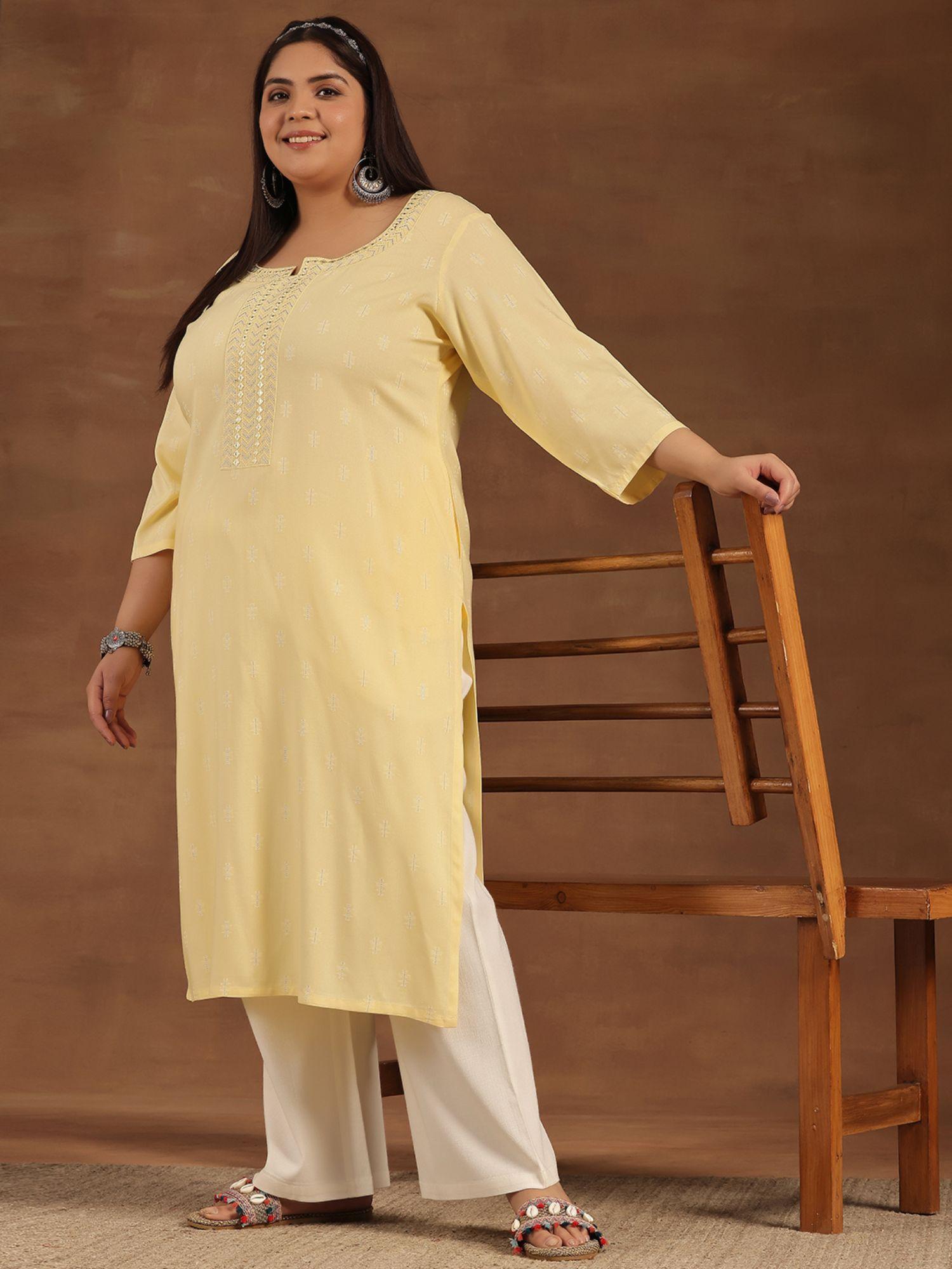 women plus size lemon chevron self design cotton blend kurta with a pocket