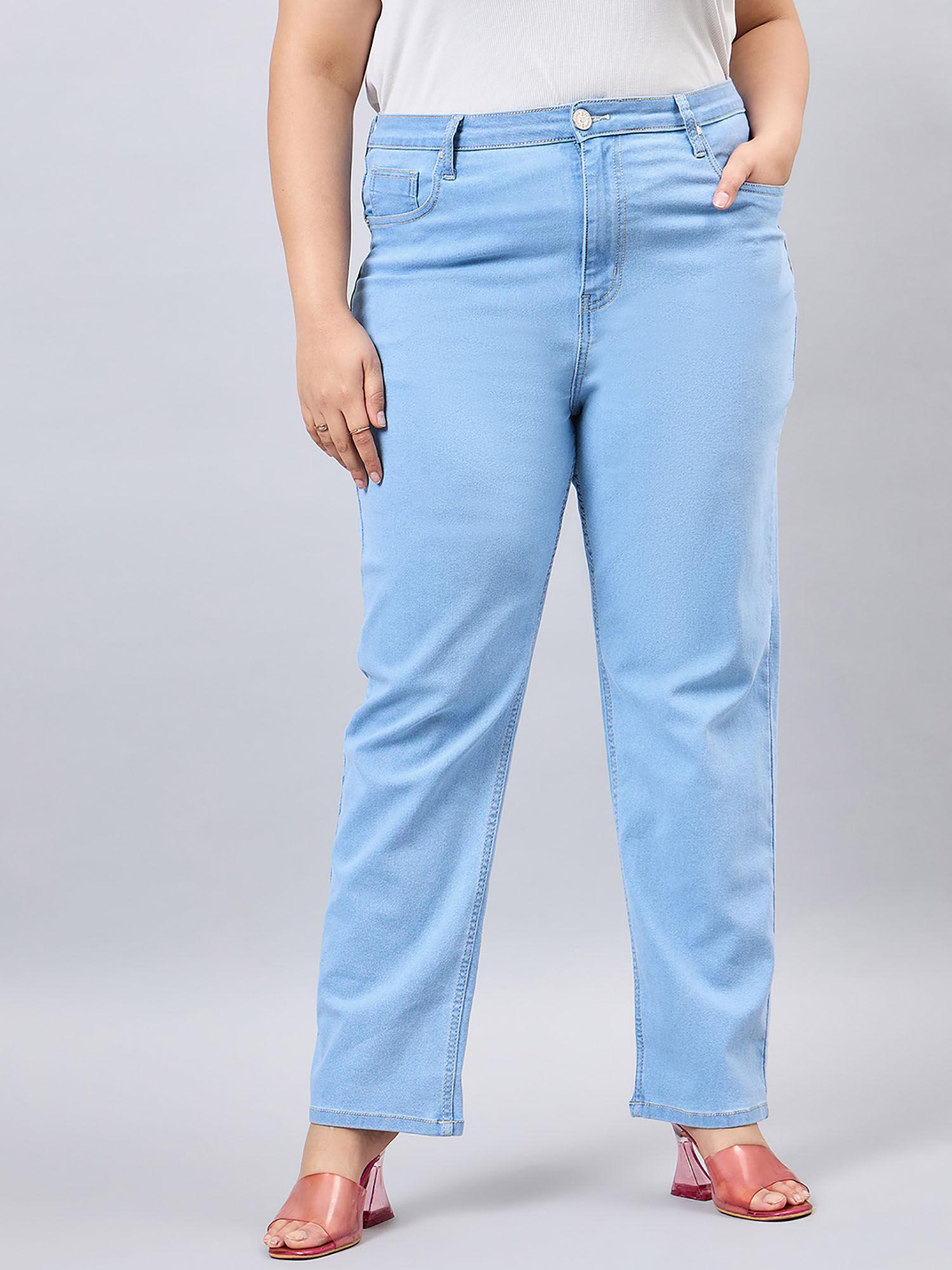 women plus size light blue straight fit high rise stretchable jeans