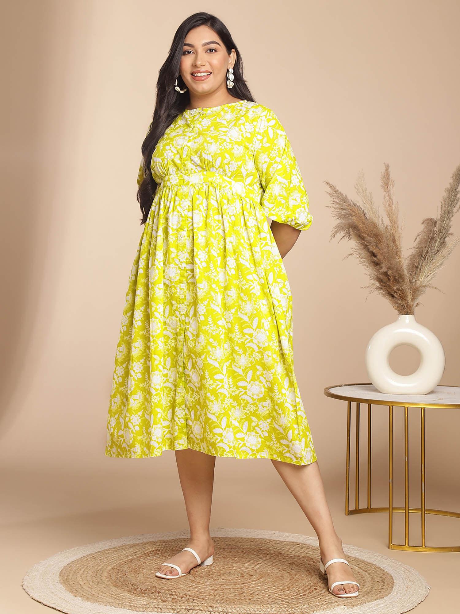 women plus size lime green cotton floral dress