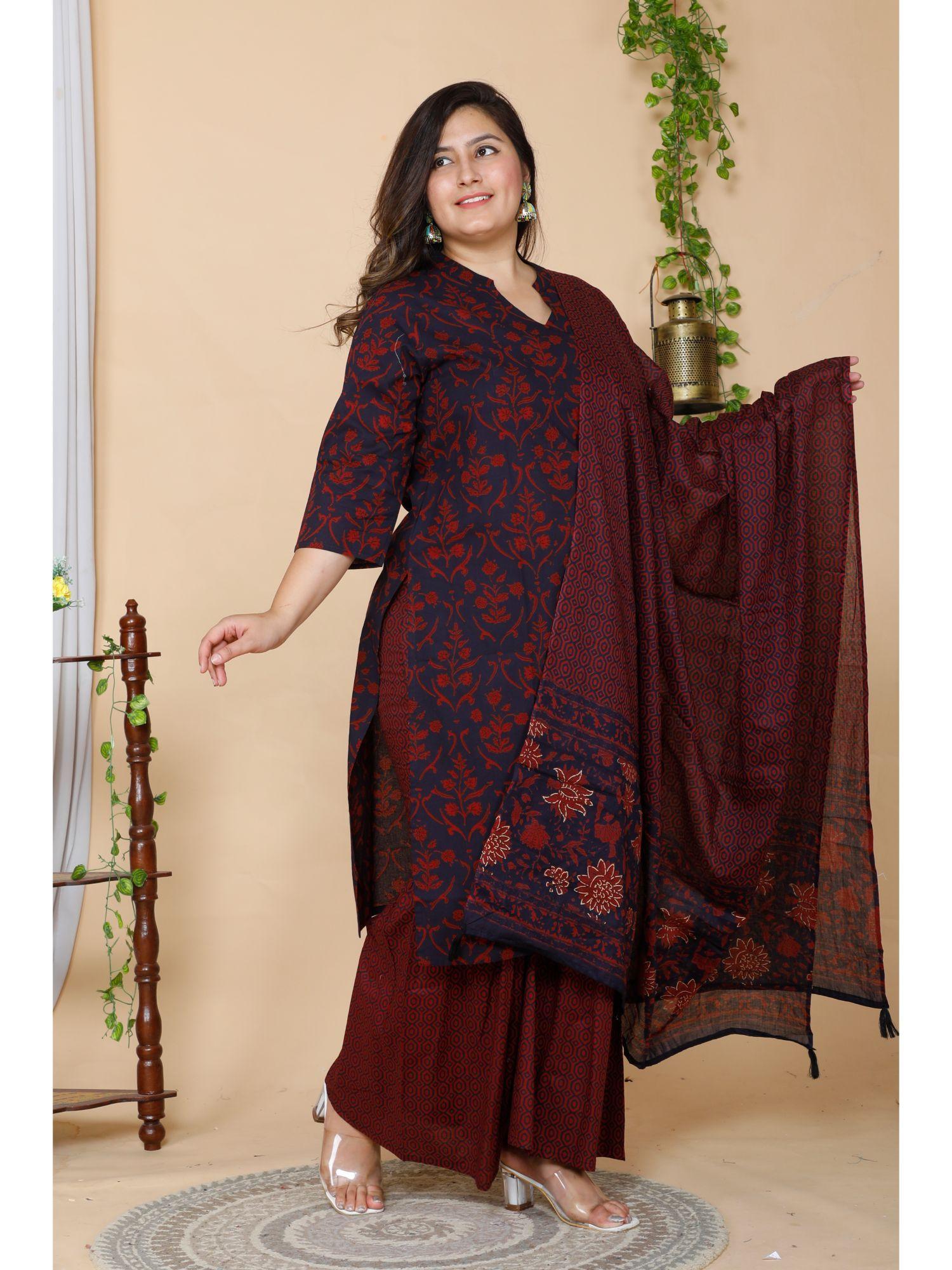 women plus size maroon floral printed cotton kurta with sharara & dupatta (set of 3)