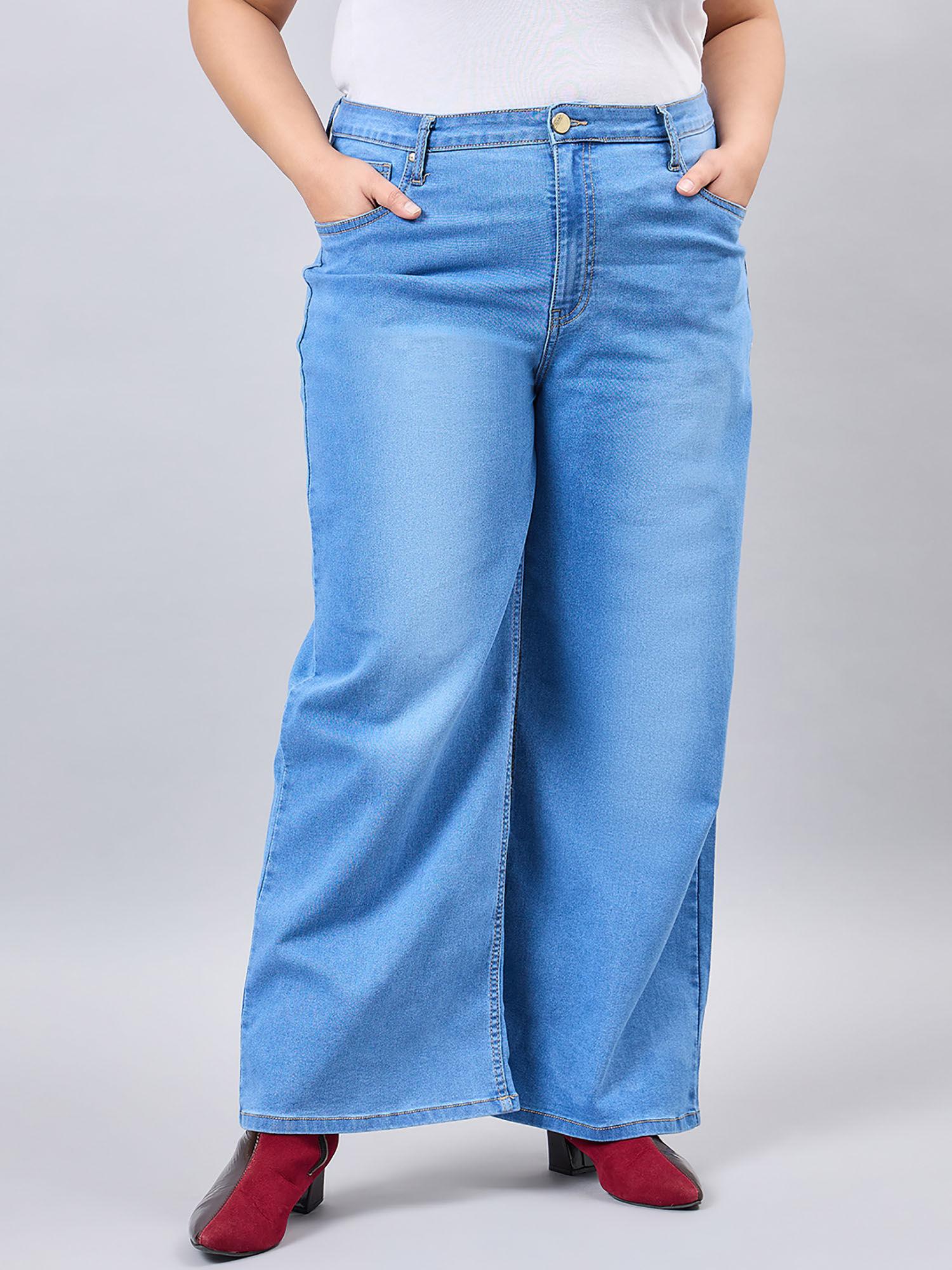 women plus size mid blue wide leg high rise stretchable jeans