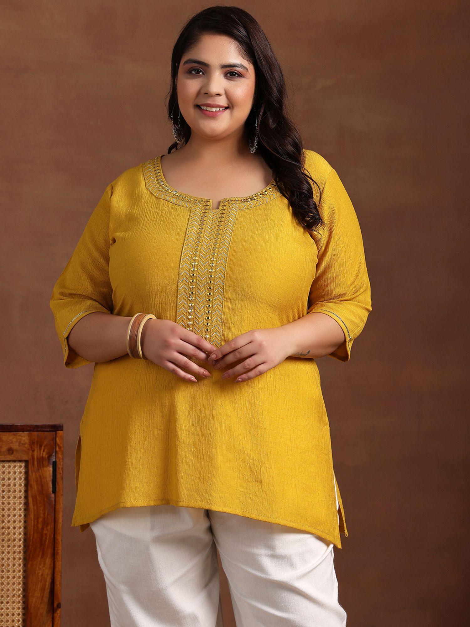 women plus size mustard cotton blend embroidered kurti