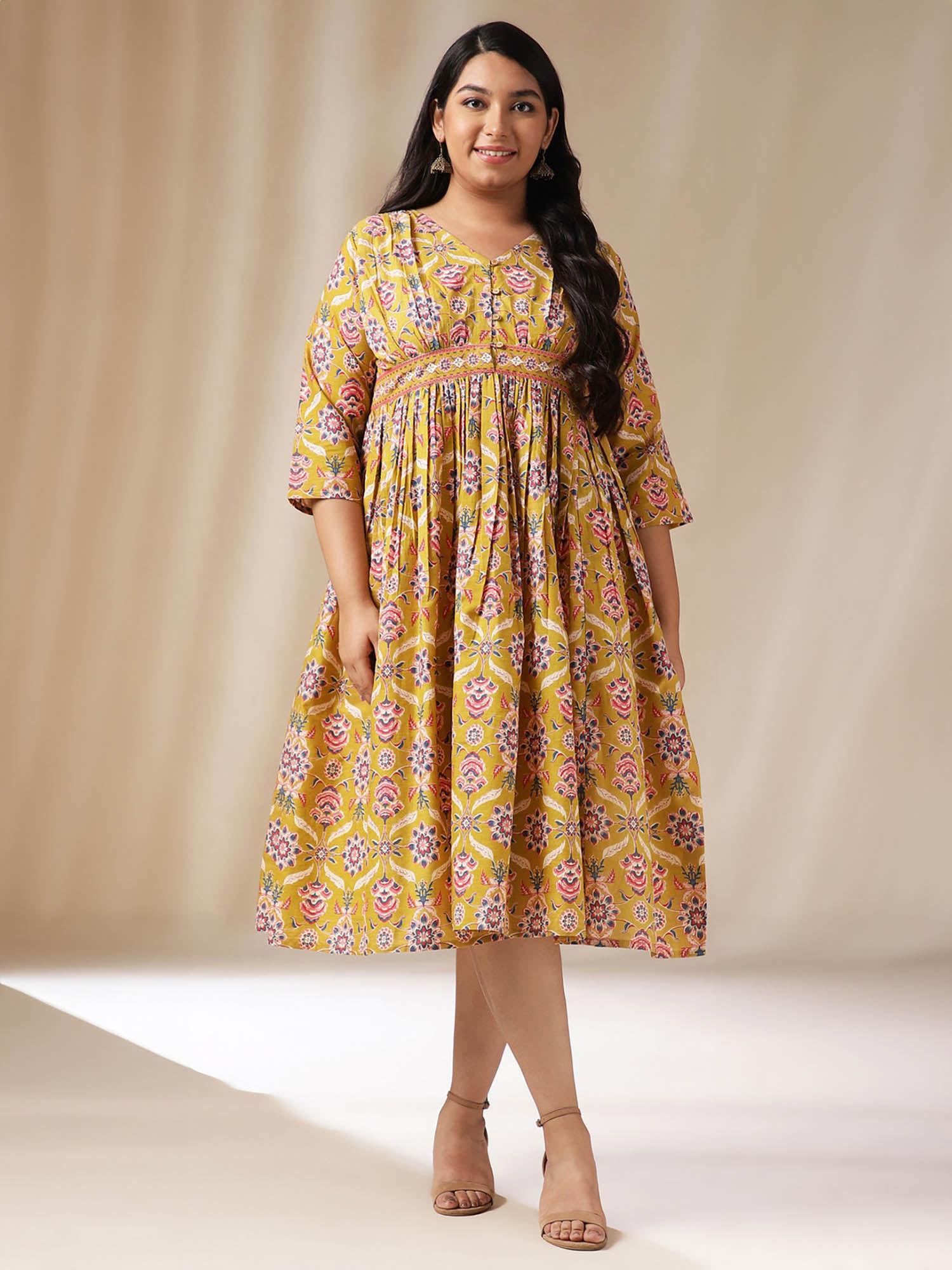 women plus size mustard cotton ethnic motifs dress