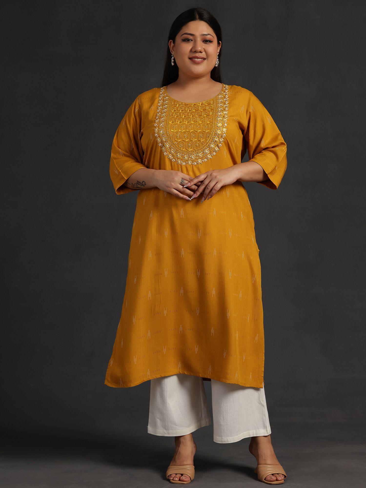 women plus size mustard self design kurta