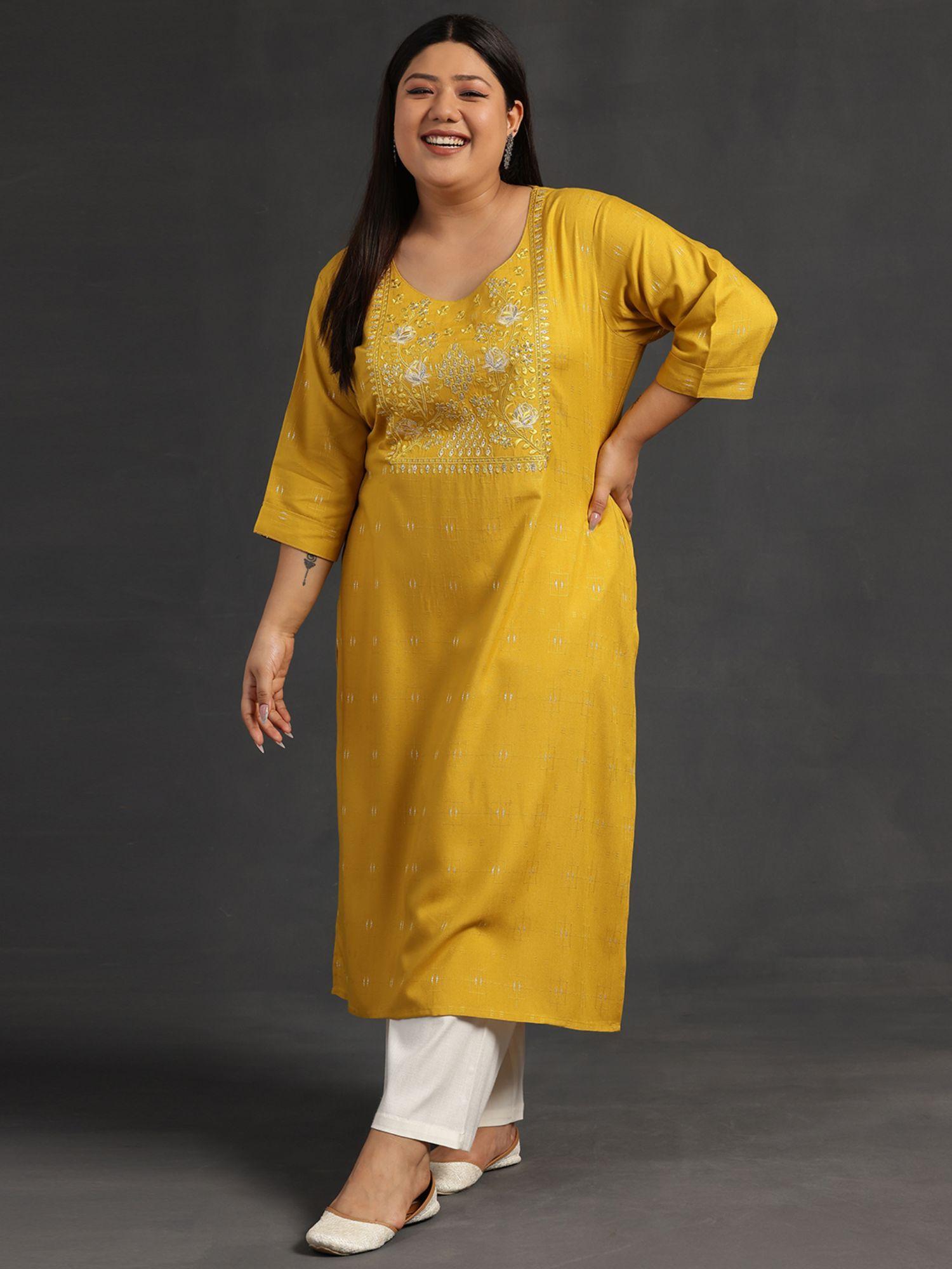 women plus size mustard self design silk blend kurta