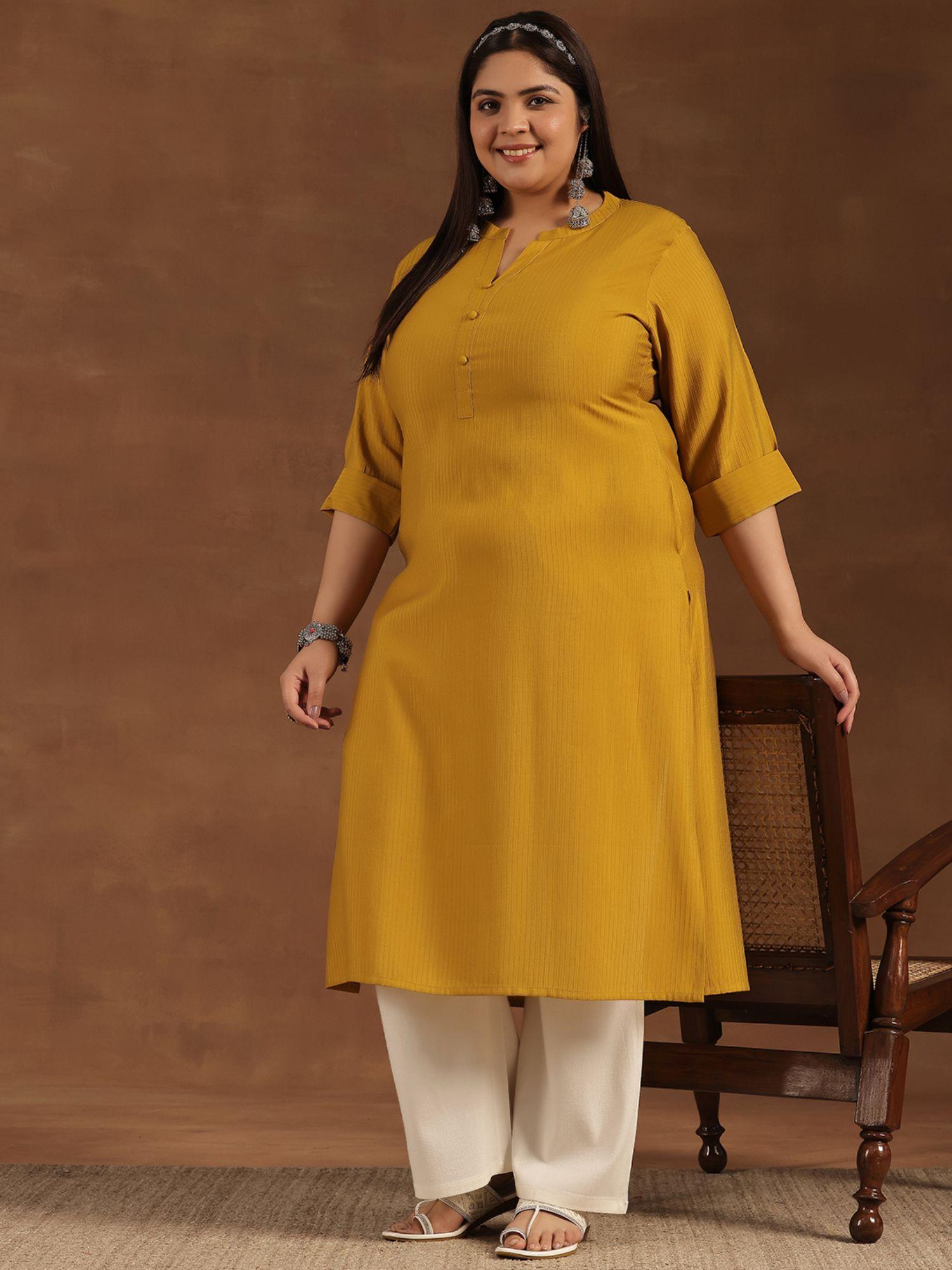 women plus size mustard silk blend stripe one side pocket detail kurta