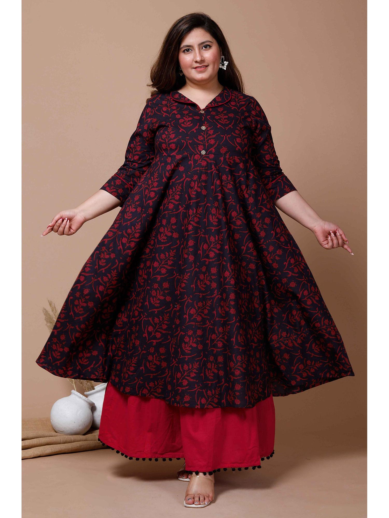 women plus size navy blue floral printed anarkali kurta