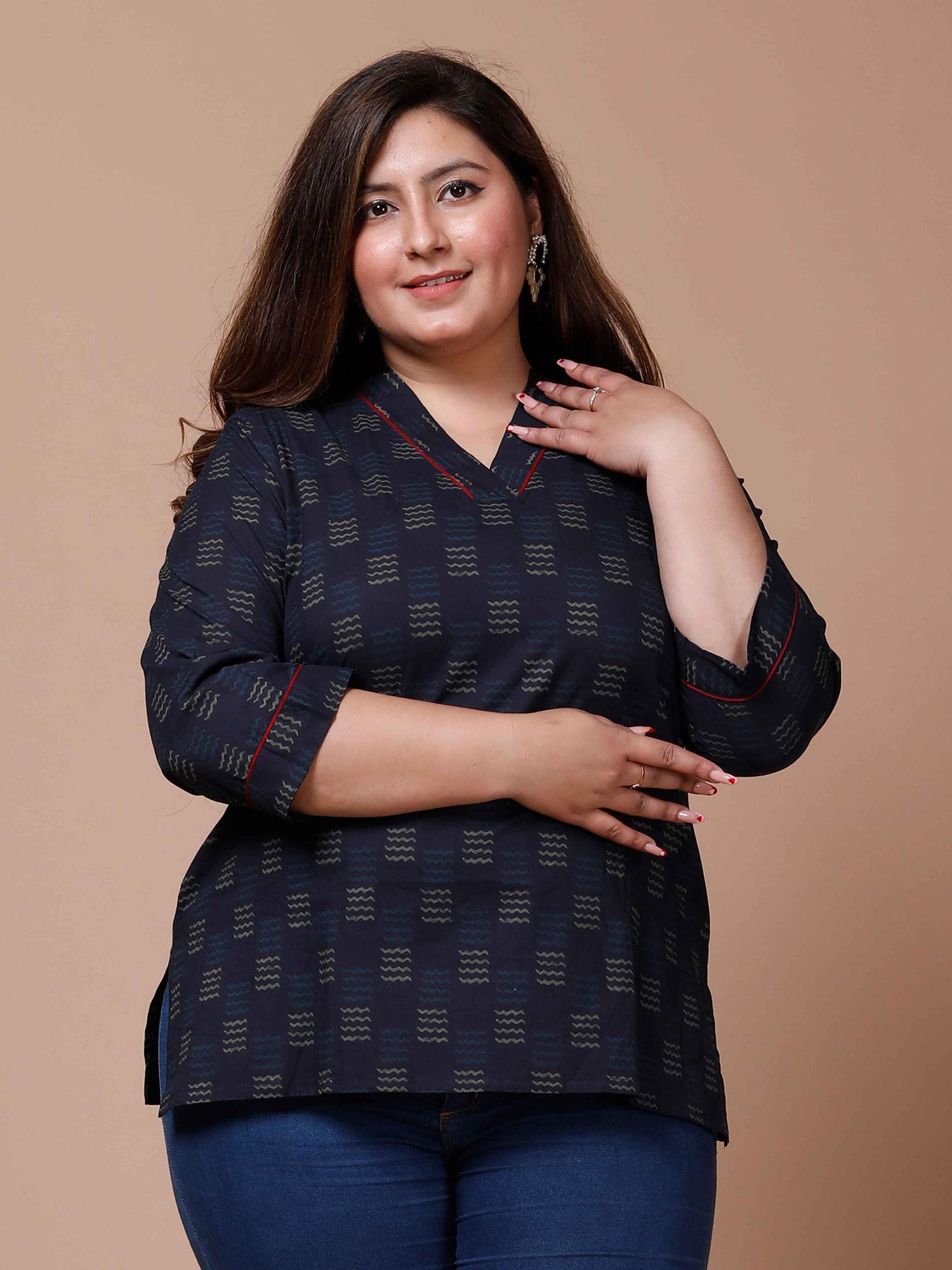 women plus size navy blue printed top