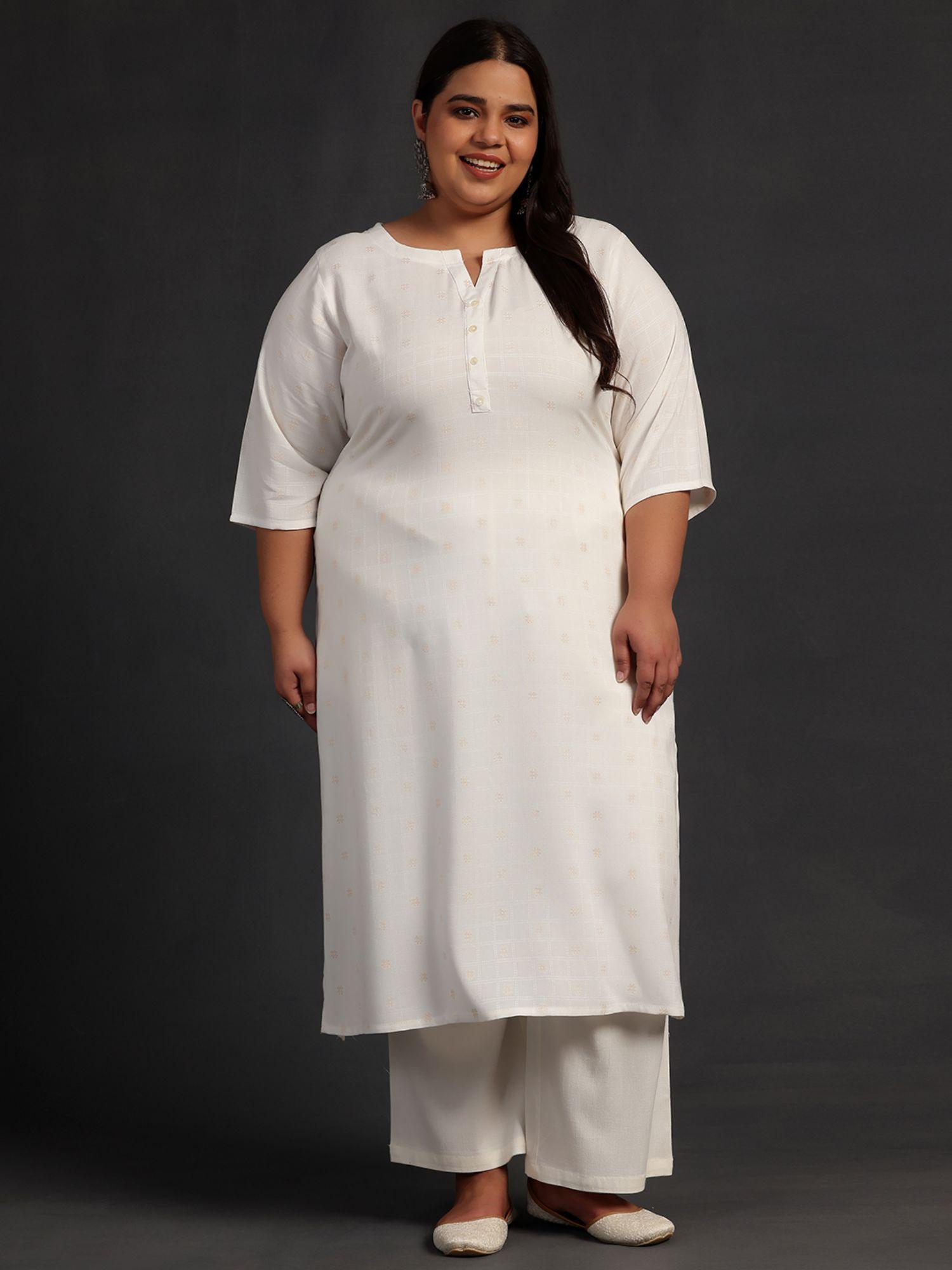 women plus size off white self design kurta with a pocket