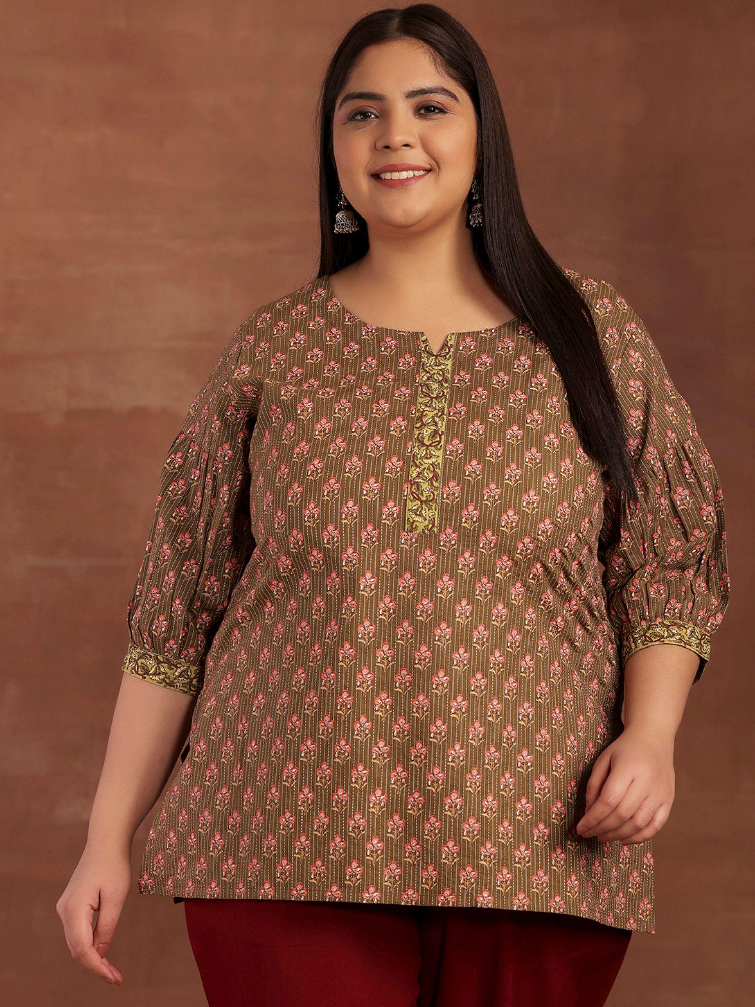 women plus size olive floral printed straight kurti