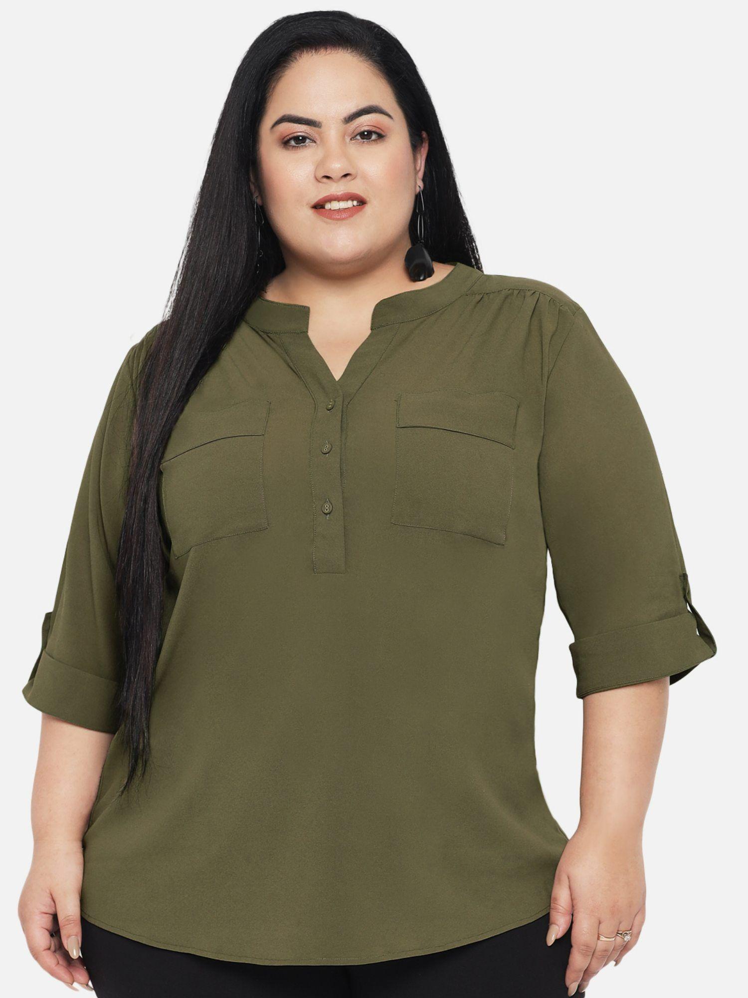 women plus size olive green patch pocket western tunic top
