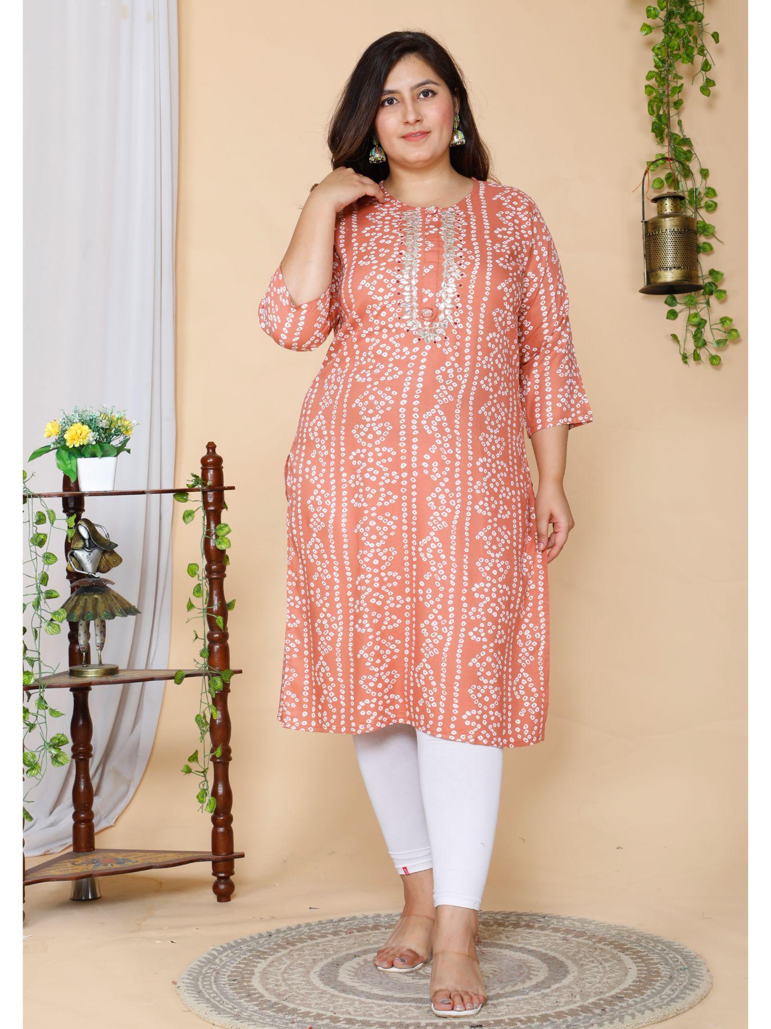 women plus size peach bandhani embroidered kurti