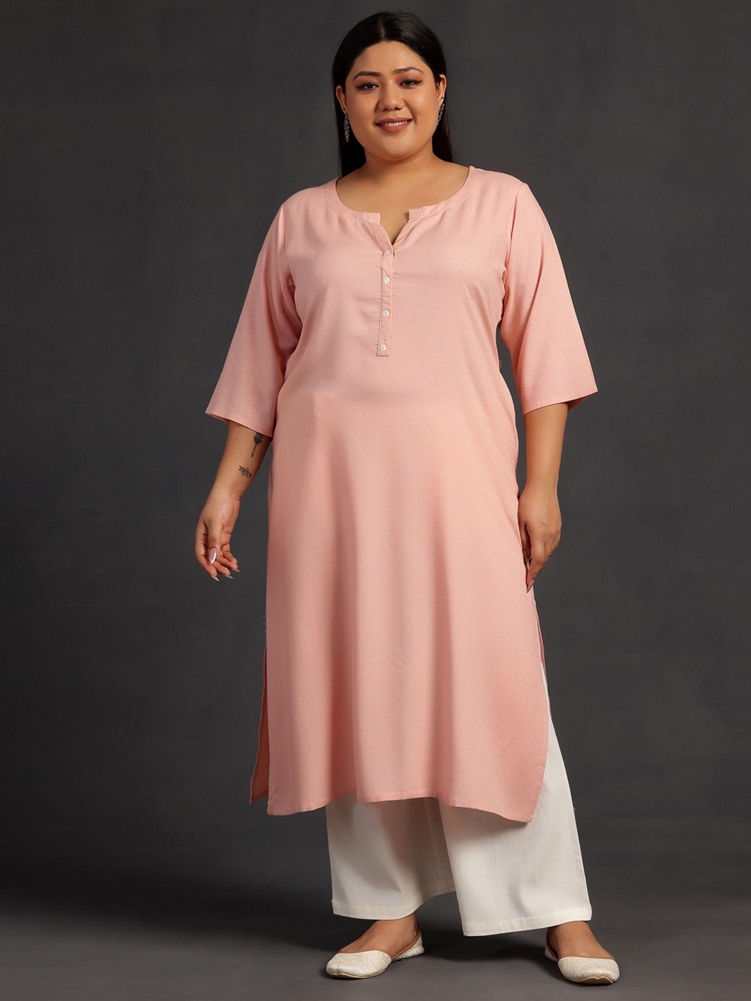 women plus size peach self design kurta with pocket