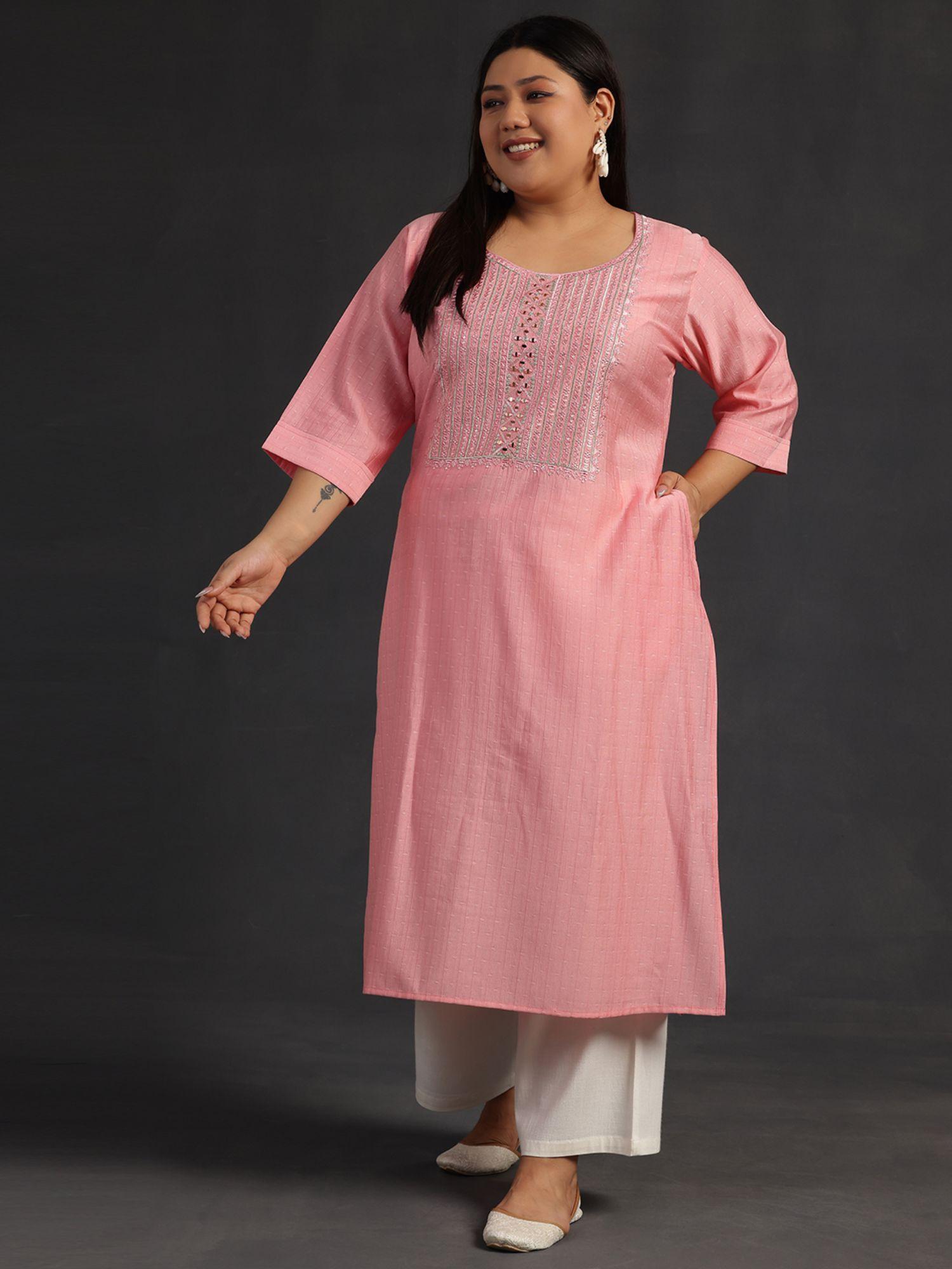 women plus size peach self design silk blend kurta