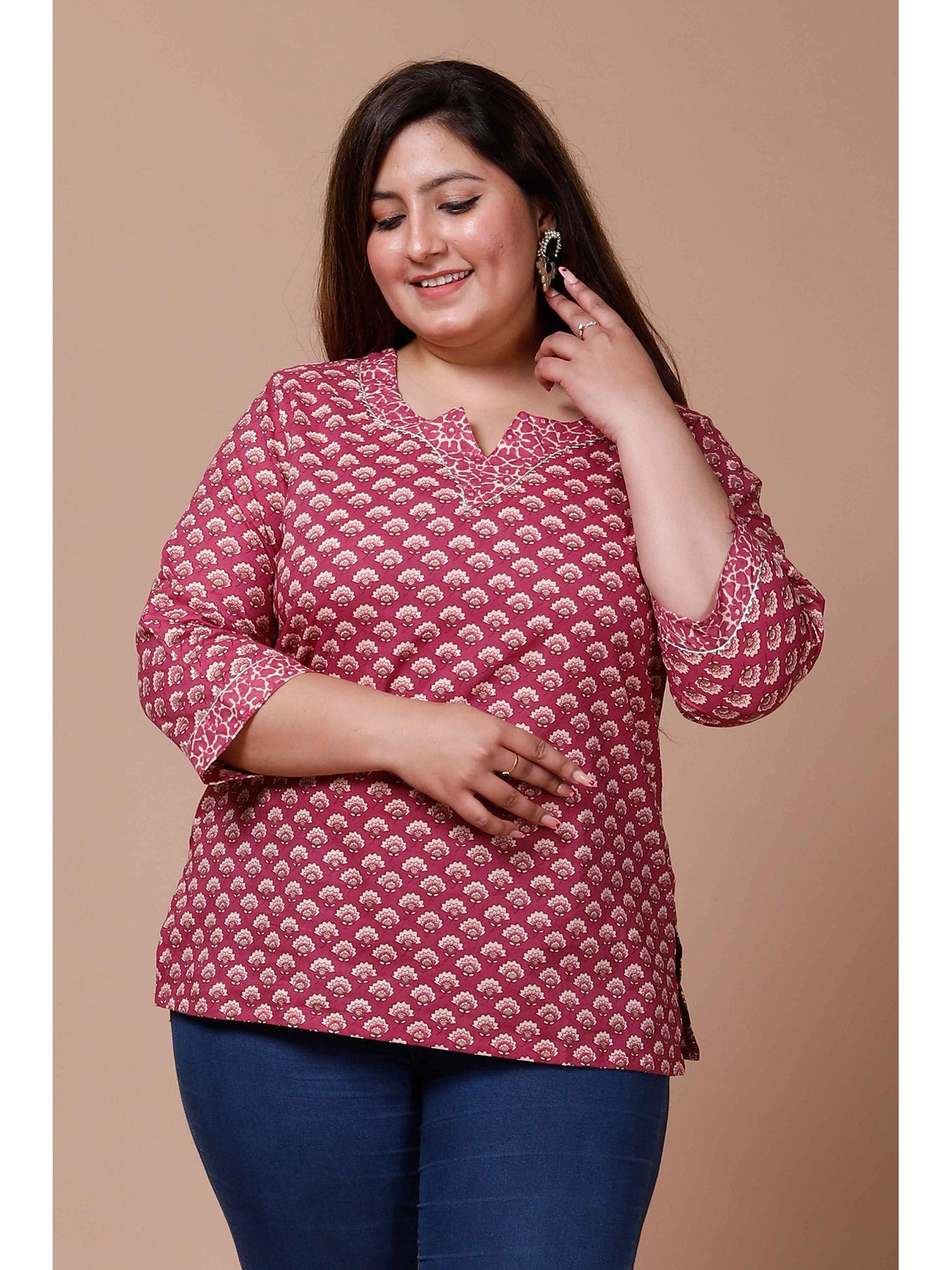 women plus size pink floral printed cotton top