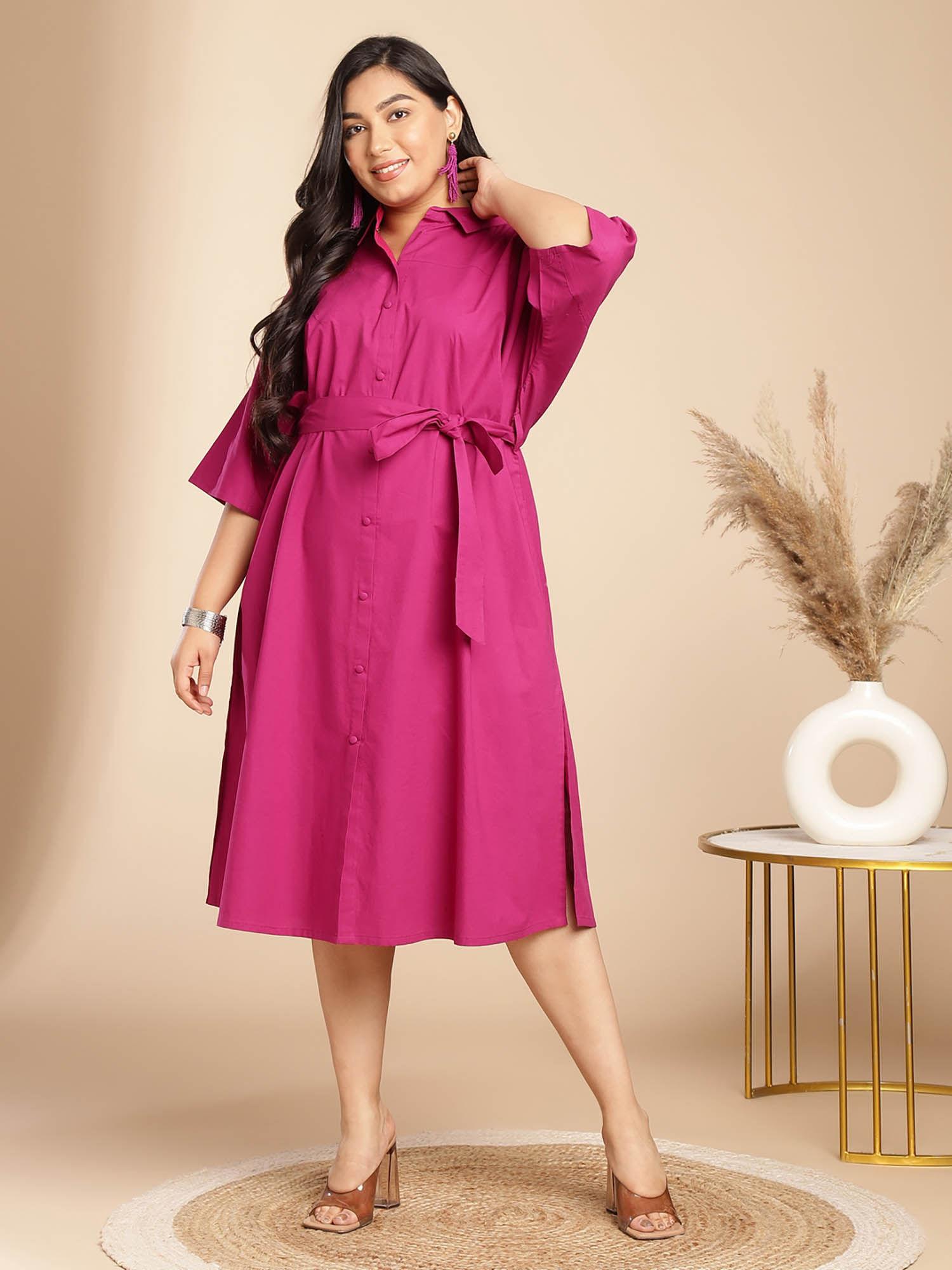 women plus size pink poplin solid shirt style dress