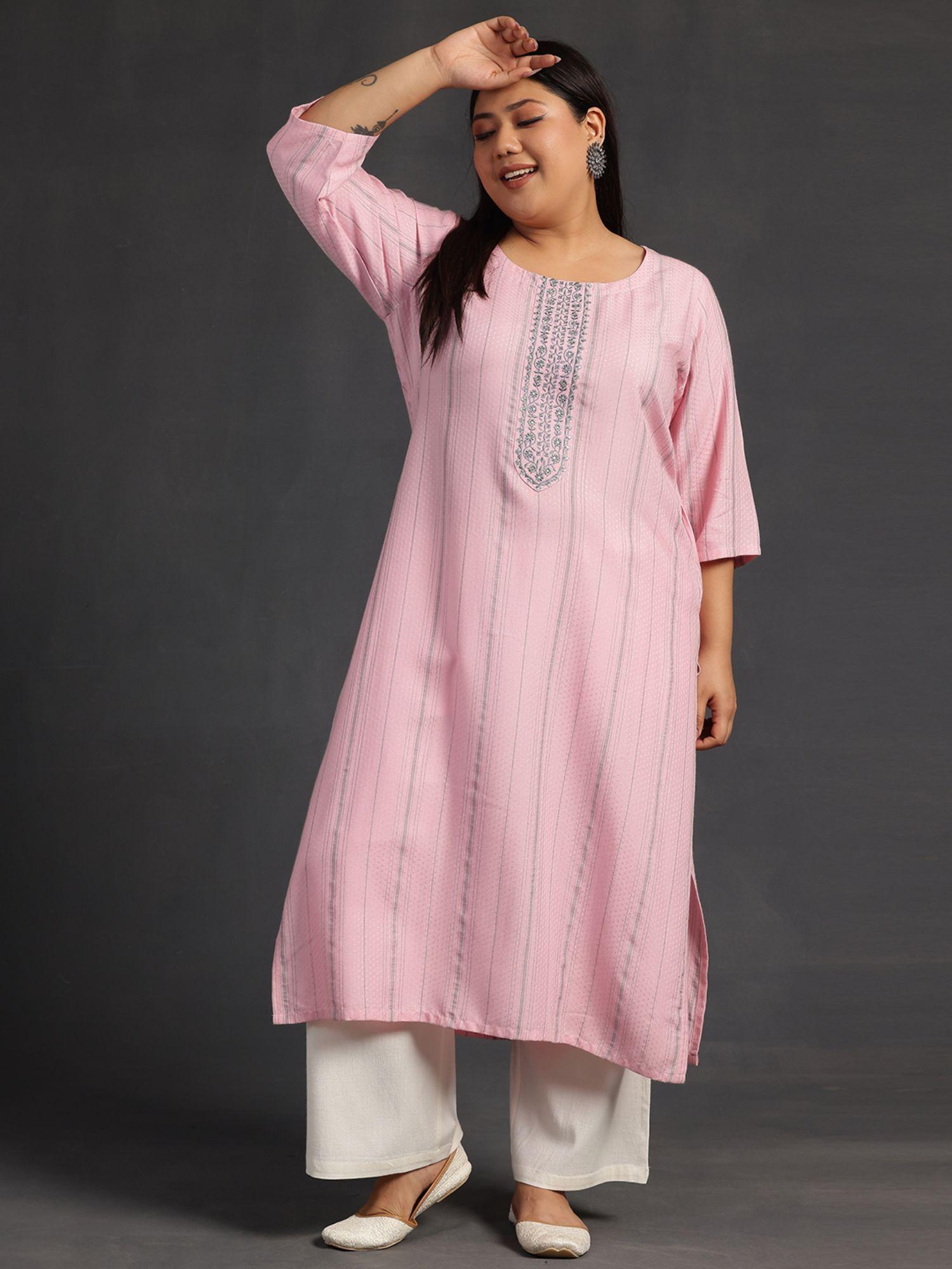 women plus size pink printed self design kurta with pocket