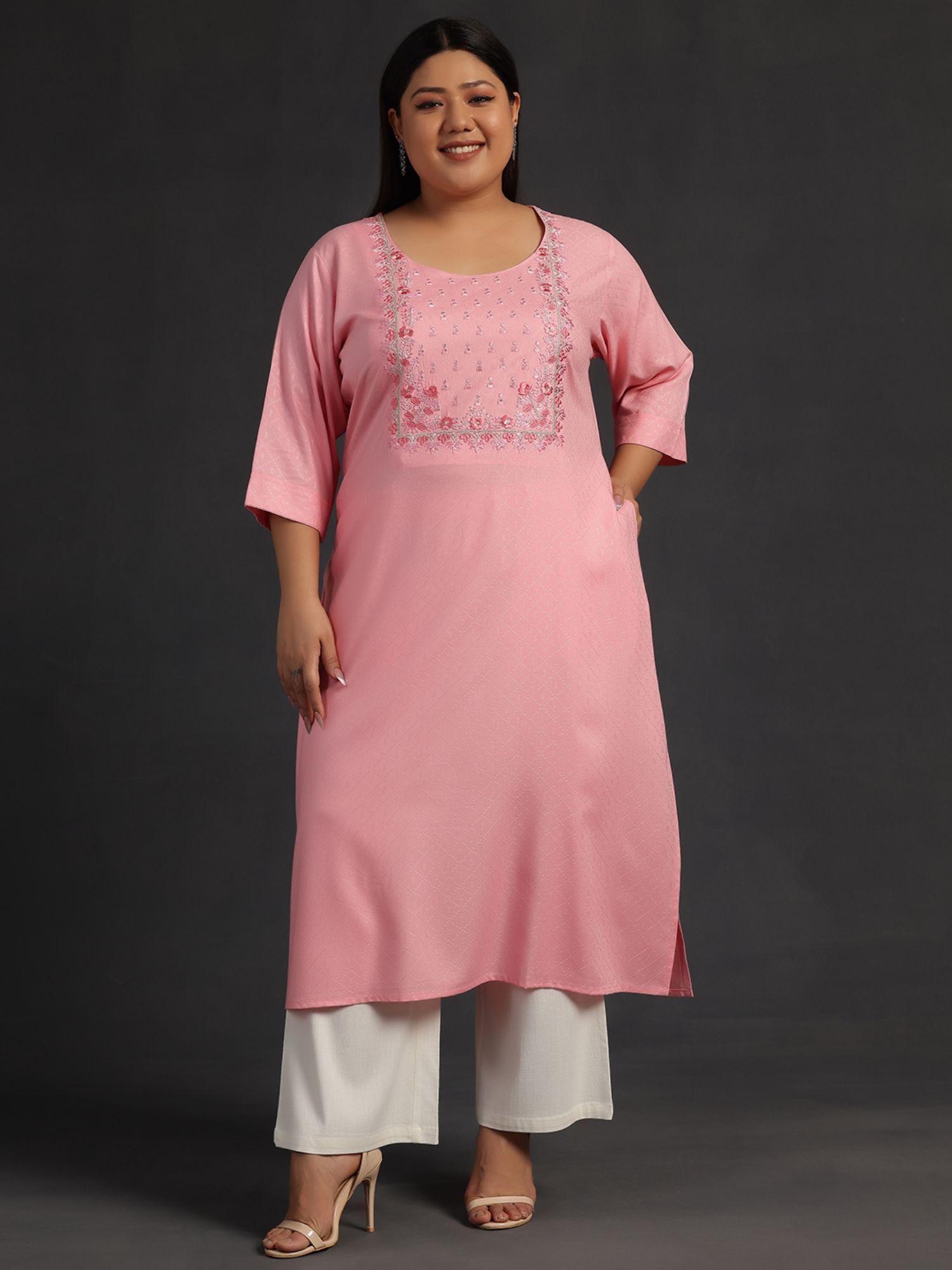 women plus size pink self design straight kurta