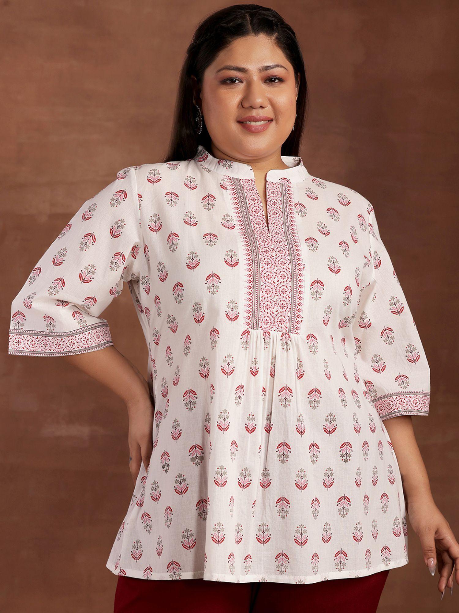 women plus size printed white & pink kurti