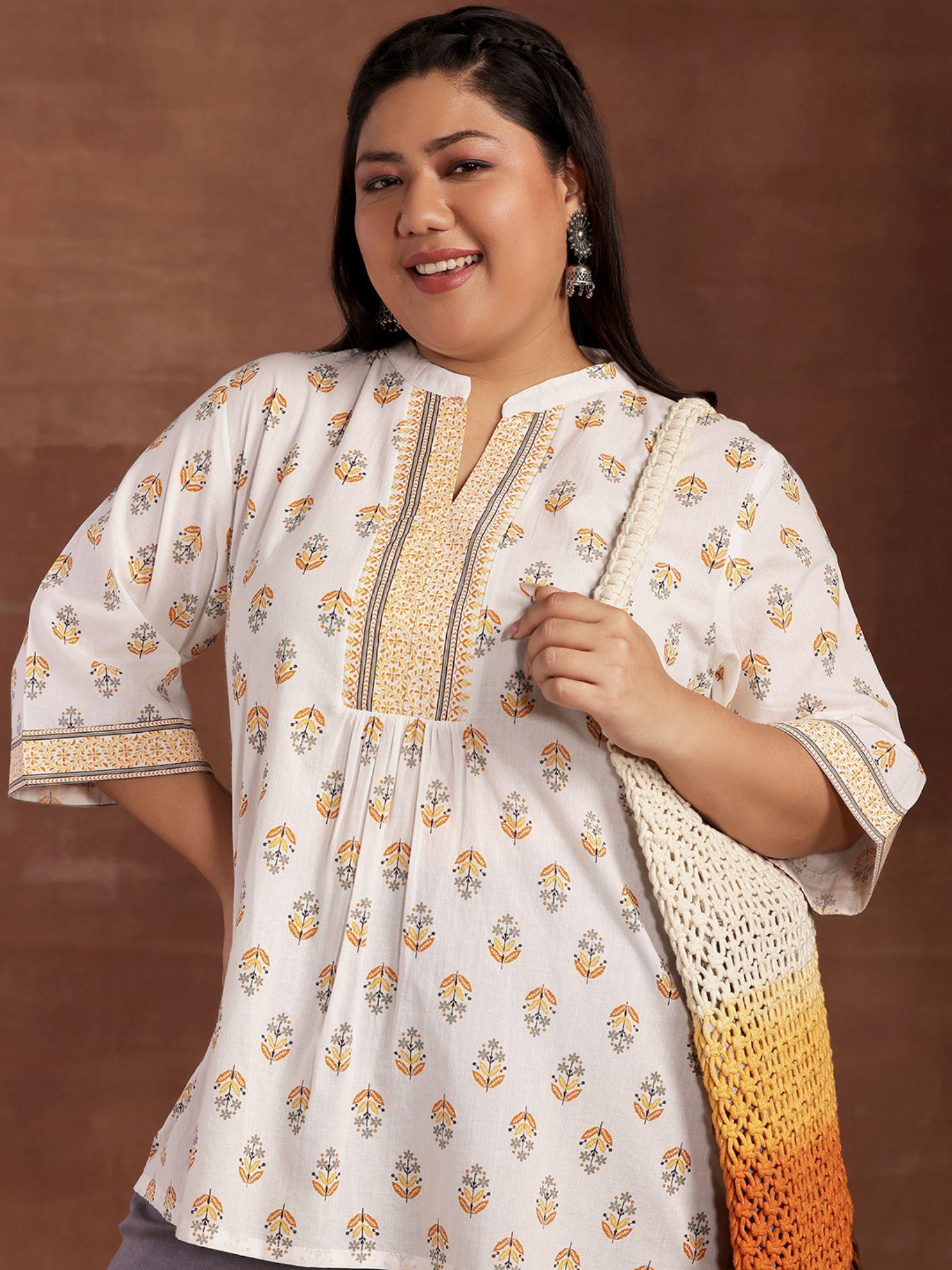 women plus size printed white & yellow kurti