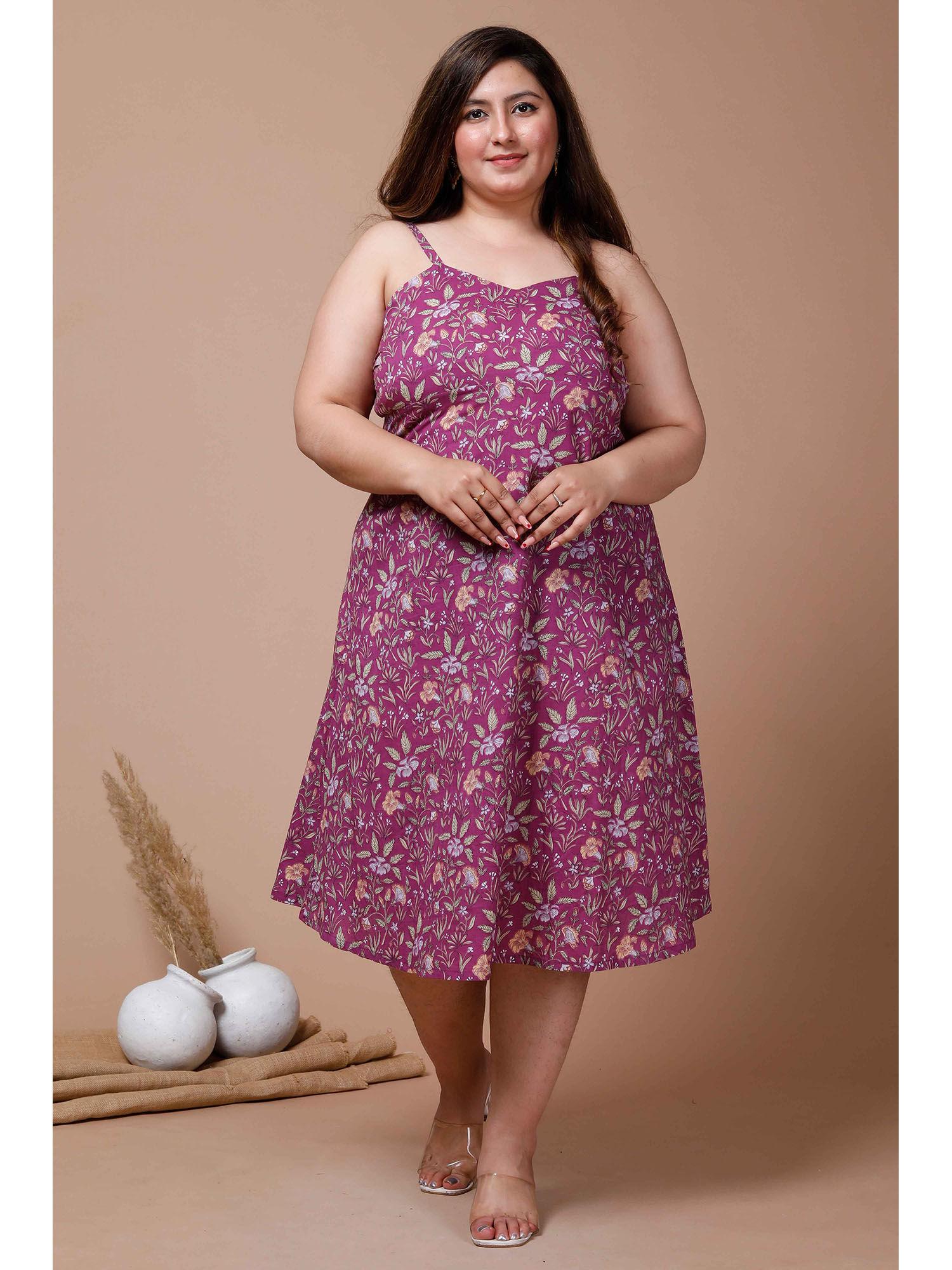 women plus size purple floral printed shoulder strap midi dress