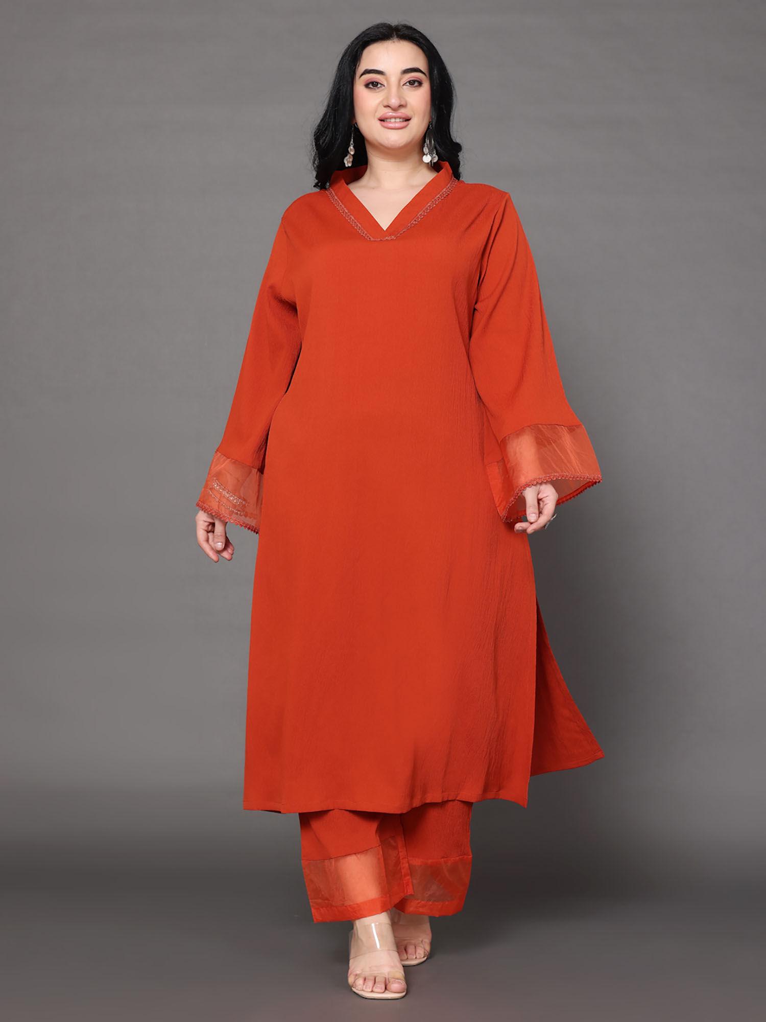 women plus size rust straight kurta paired with tonal pants (set of 2)