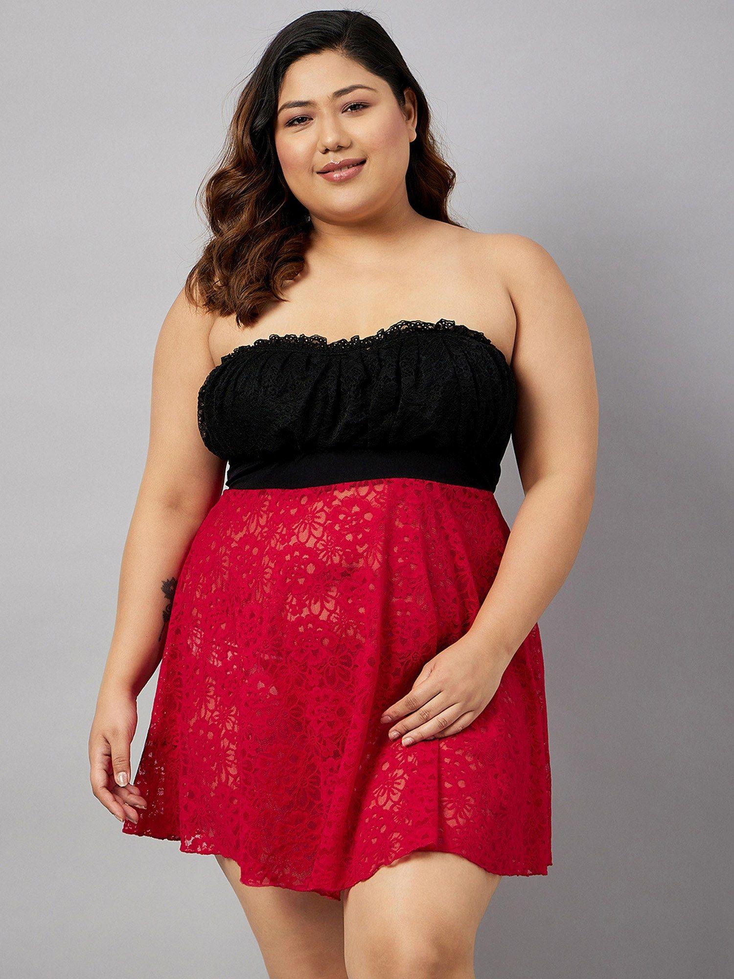 women plus size strapless lace baby doll (set of 2)
