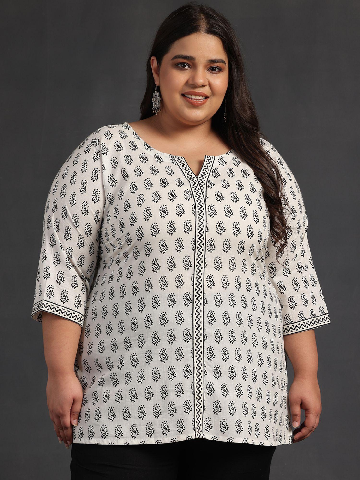 women plus size white cotton printed kurti