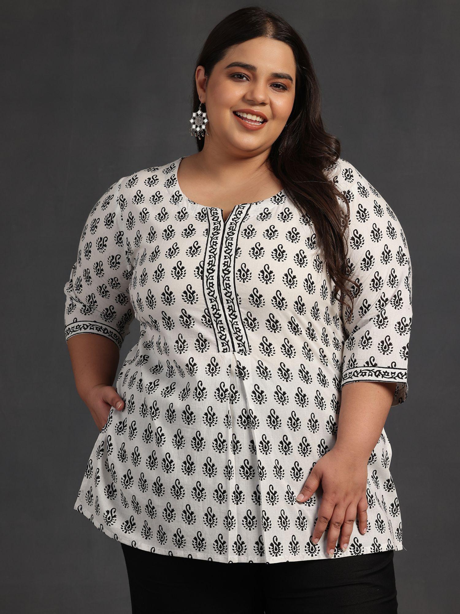 women plus size white cotton printed straight kurti