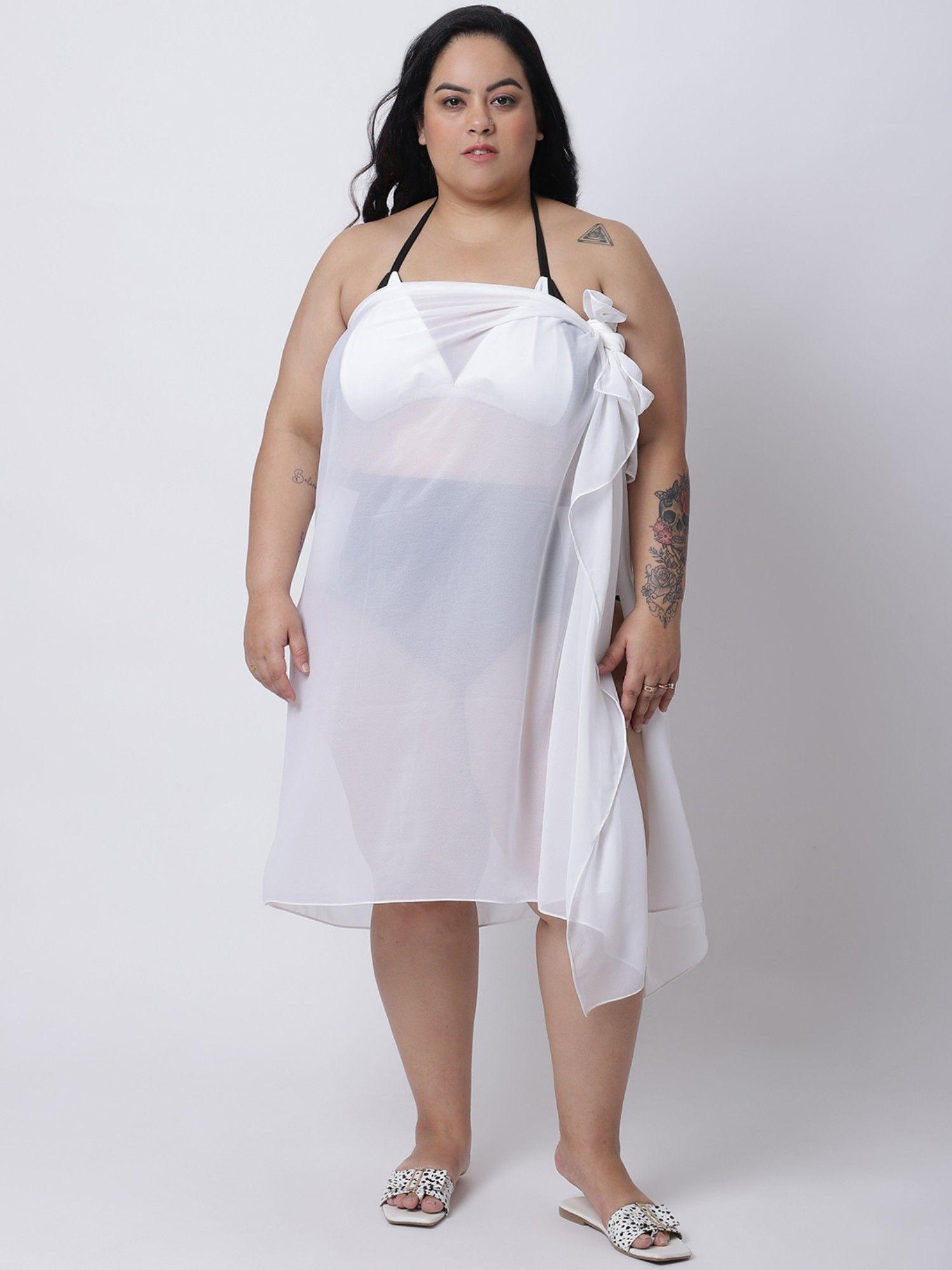 women plus size white solid sarong swimwear (free size)