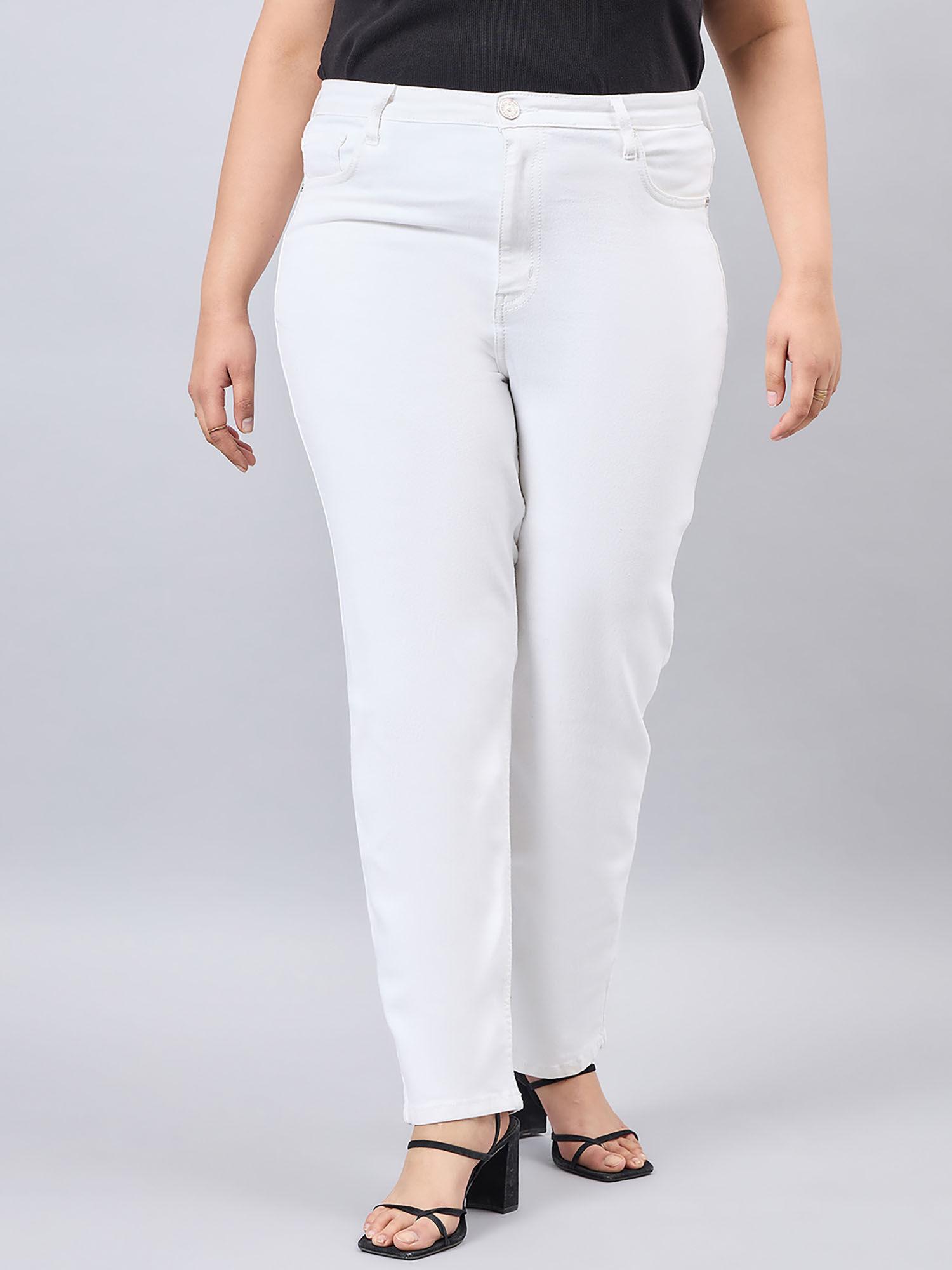 women plus size white straight fit high rise stretchable jeans