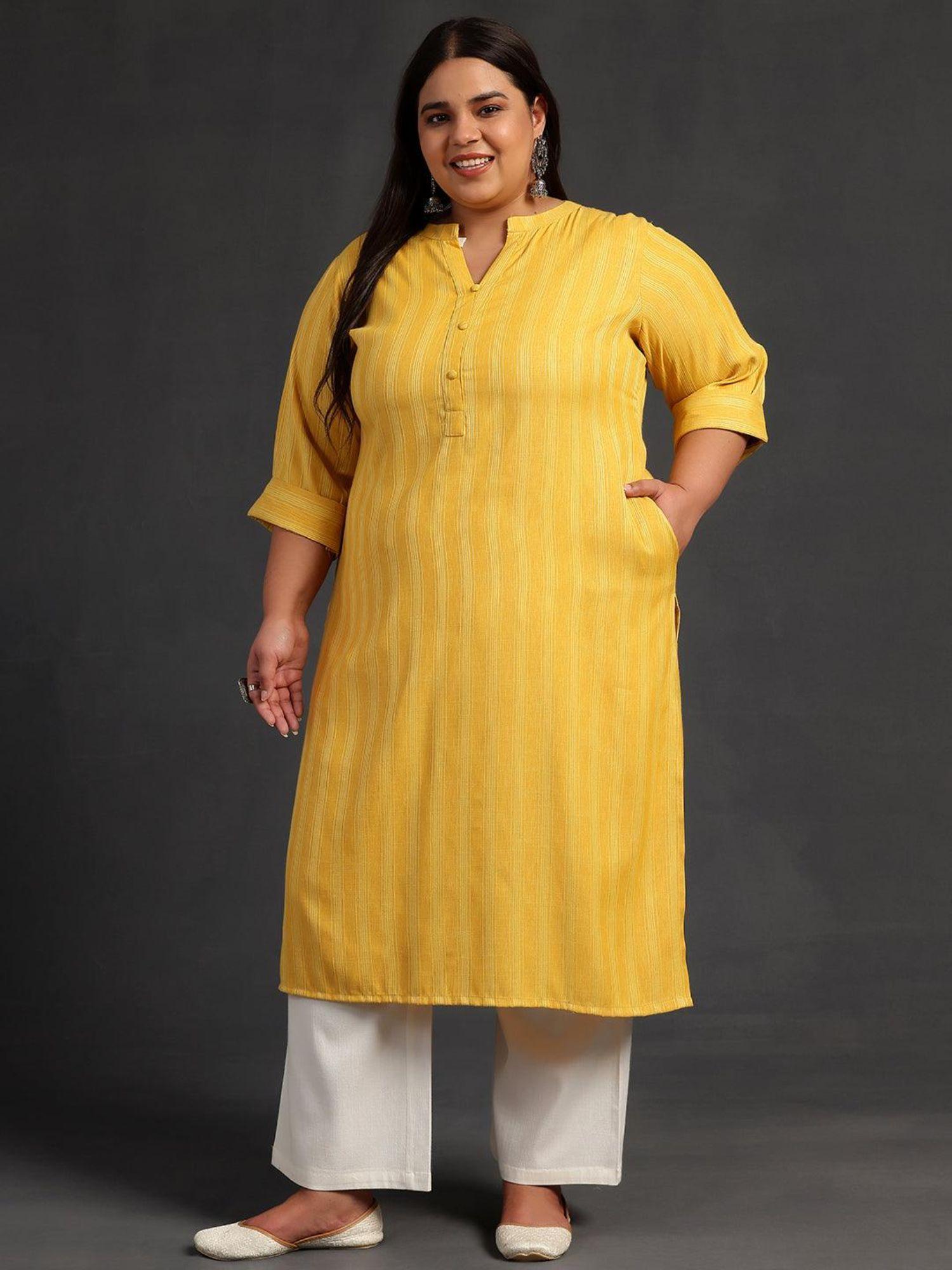 women plus size yellow striped kurta with pocket