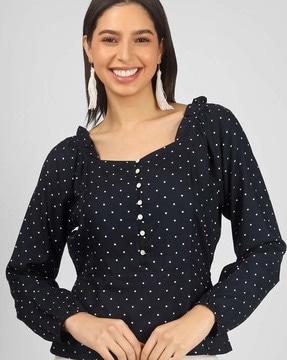women polka-dot fitted blouson top with square neck